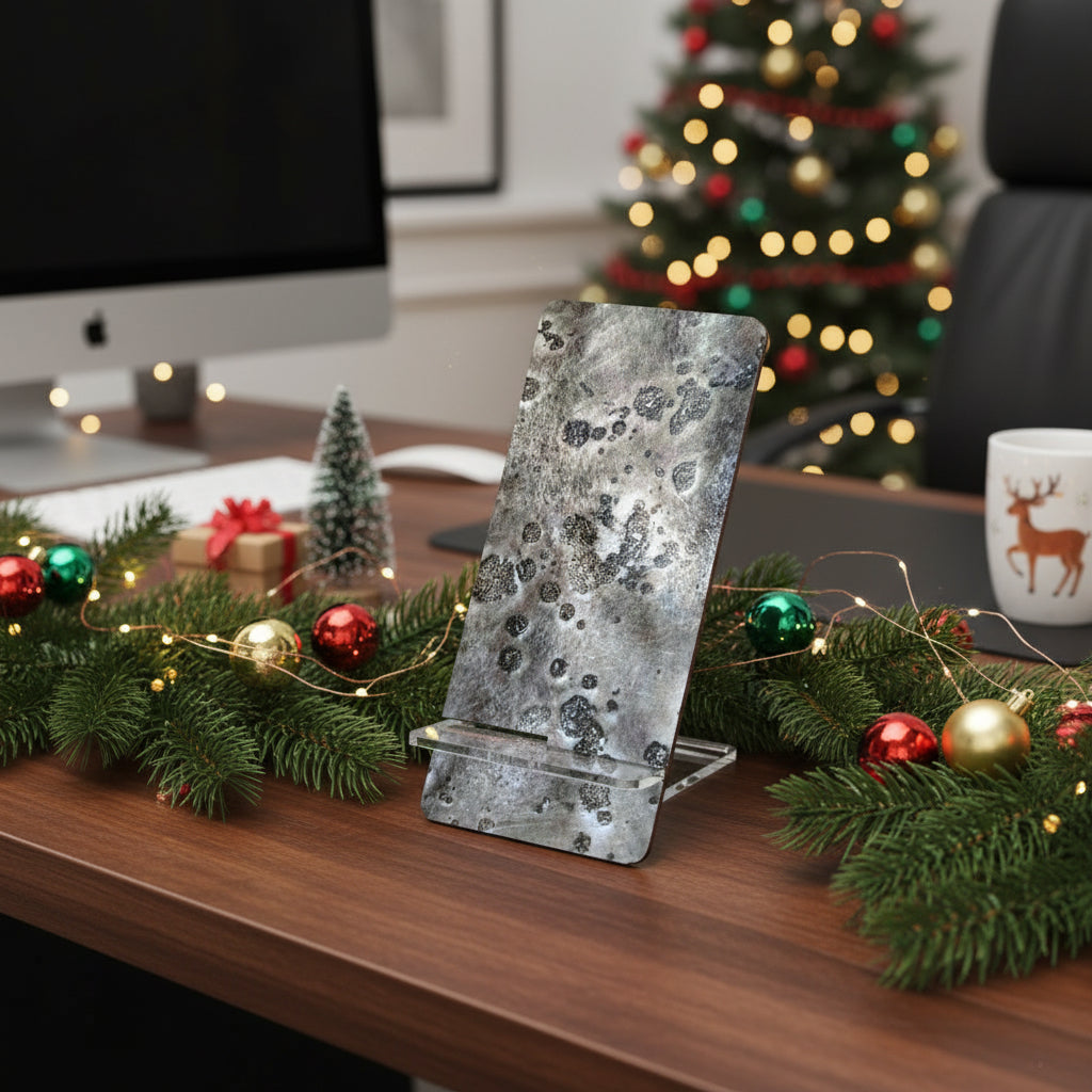 Metallic phone stand with textured surface on a gray background