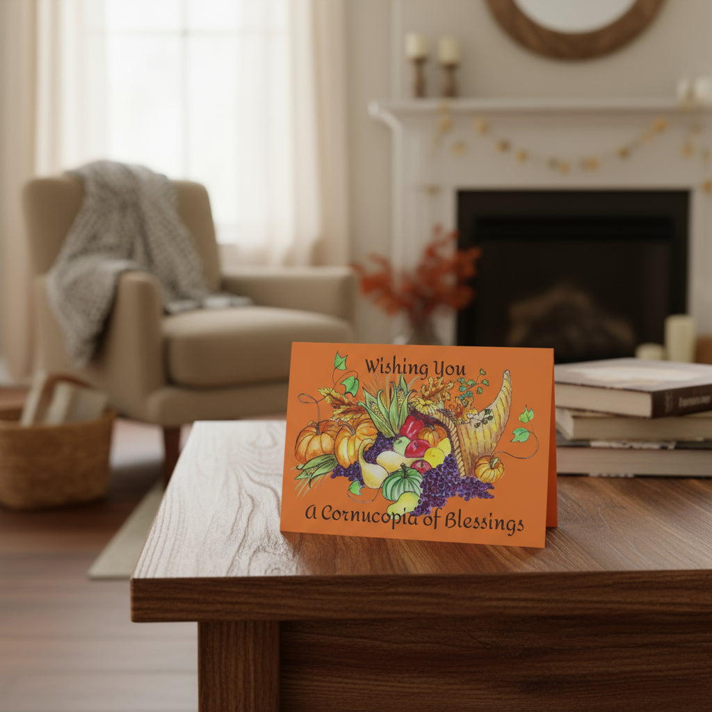 Greeting card with autumn-themed illustration and text on an orange background