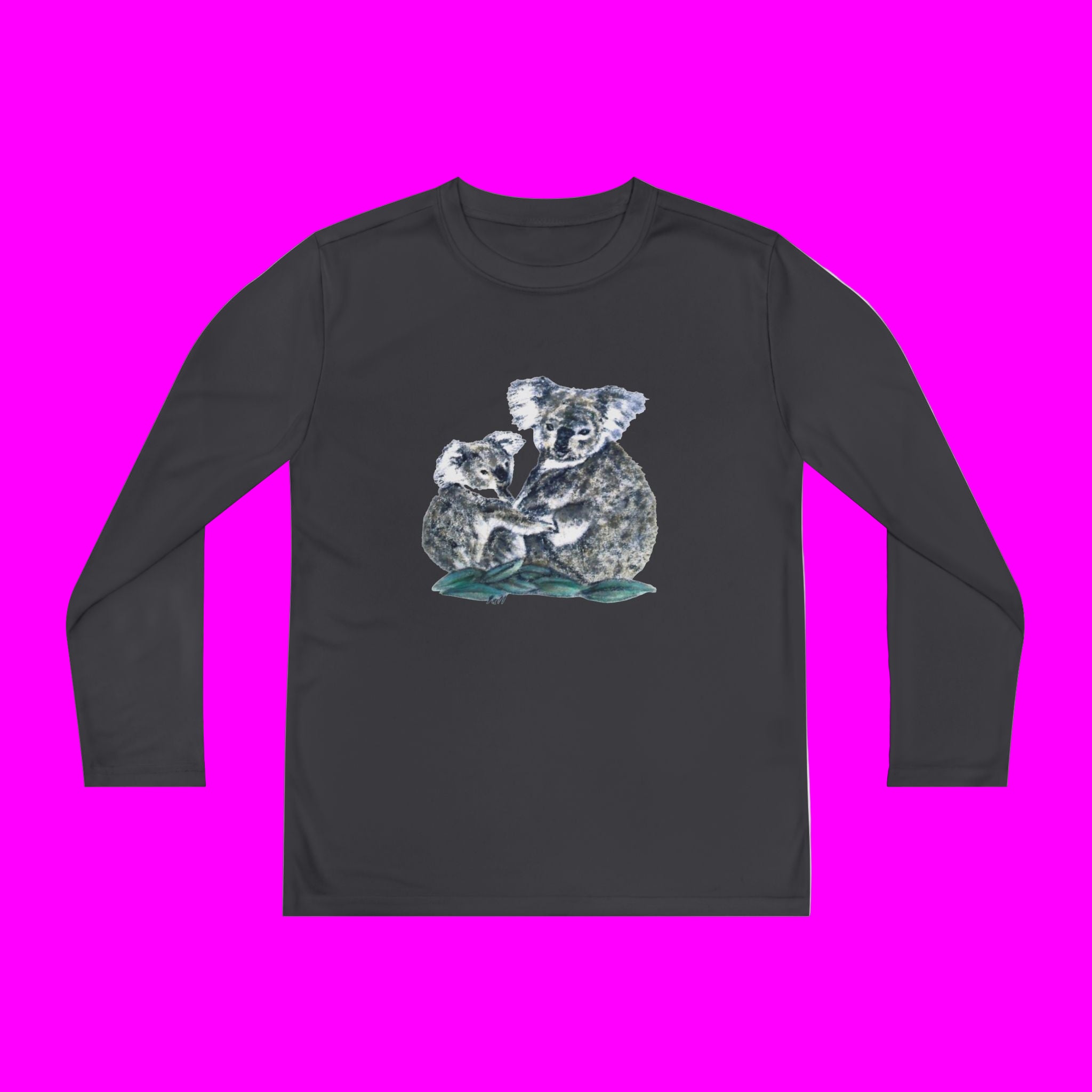 Dark Gray long-sleeve shirt with a graphic of two koalas on a pink background