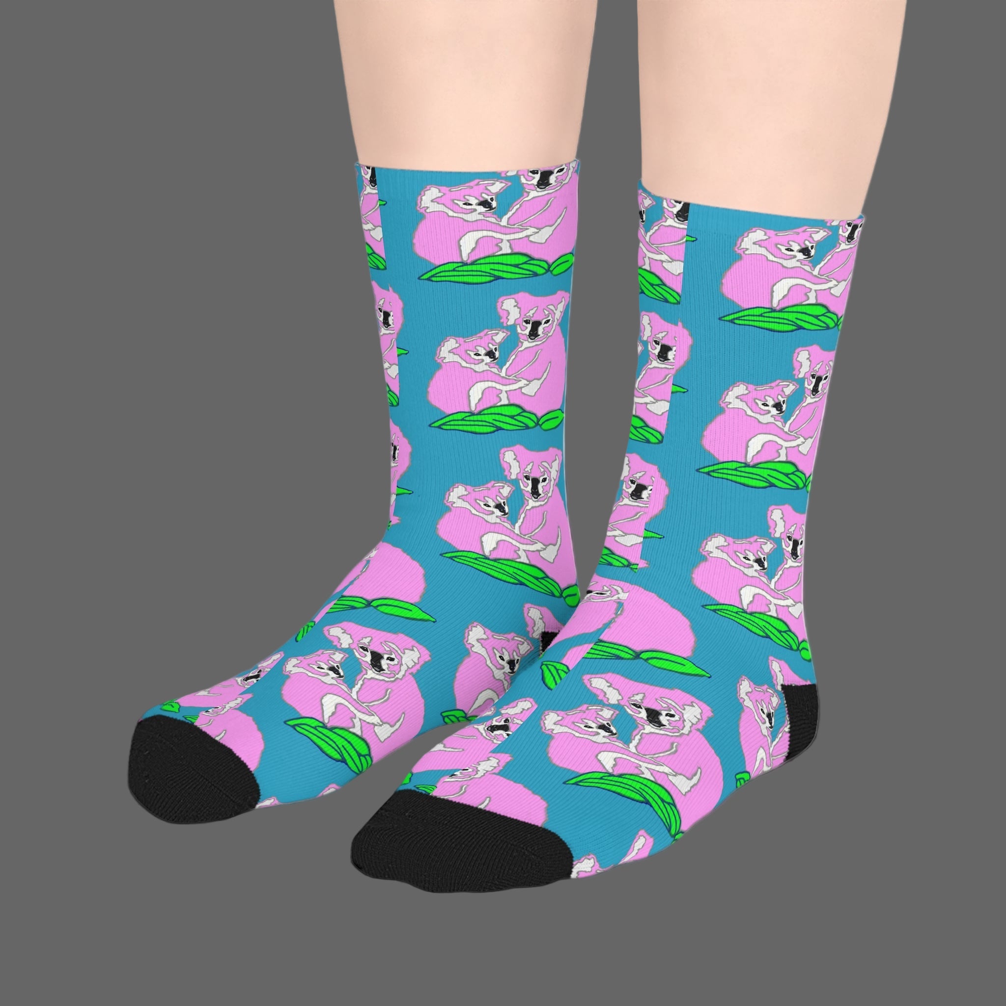 Colorful socks with koala design on a blue background