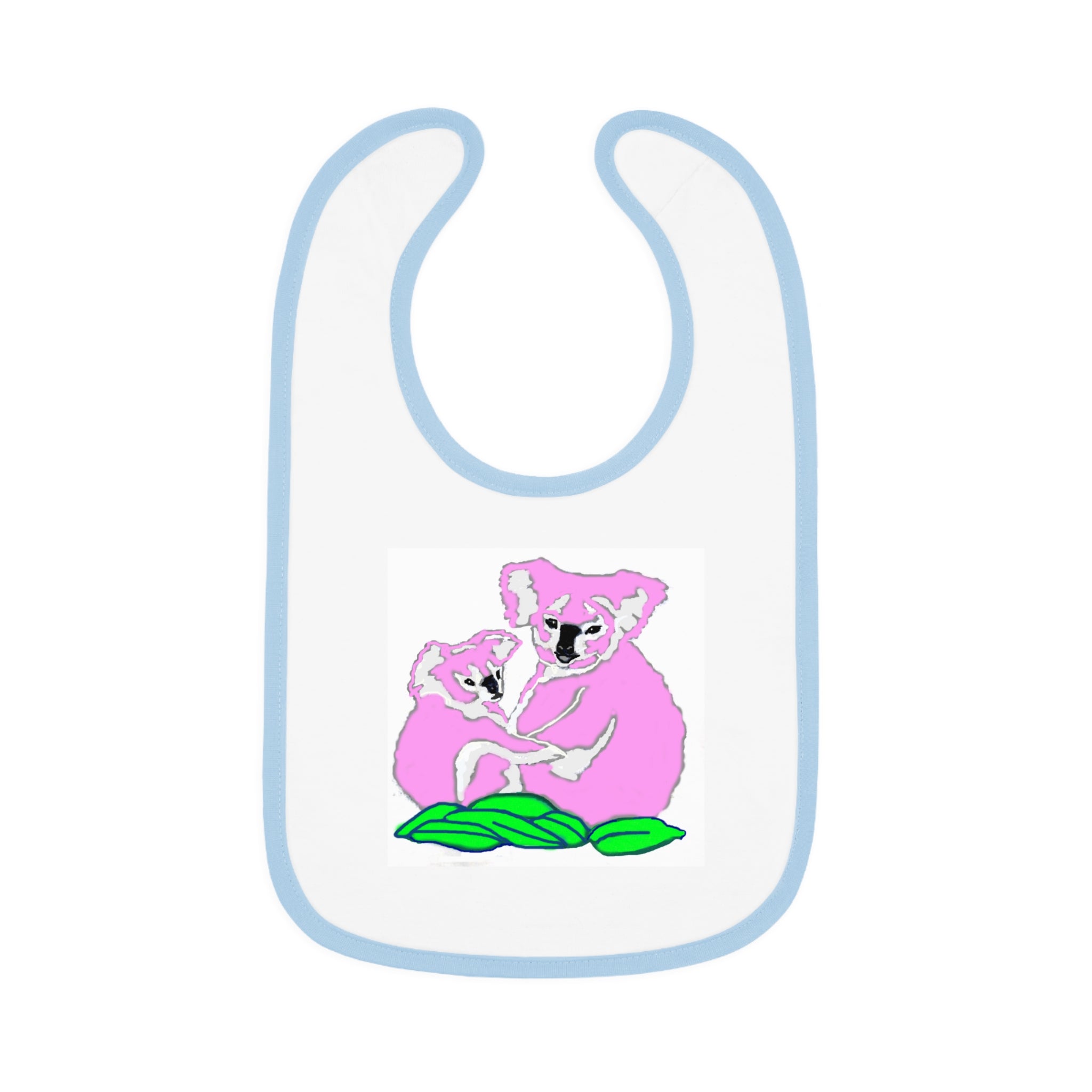 Baby bib with pink koala design on a white background