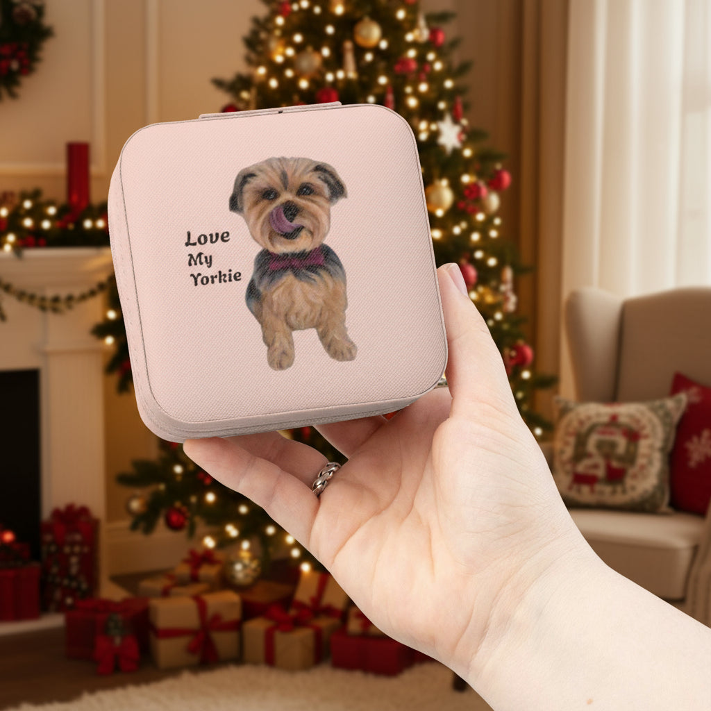 Yorkie illustrated Travel Jewelry Case being held in front of a Christmas Tree in the living room