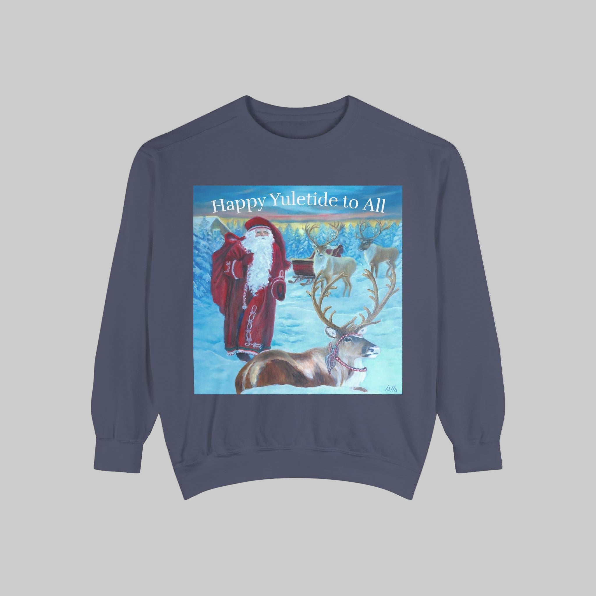 Dark blue sweatshirt with a Christmas design featuring Santa Claus and reindeer on a light background