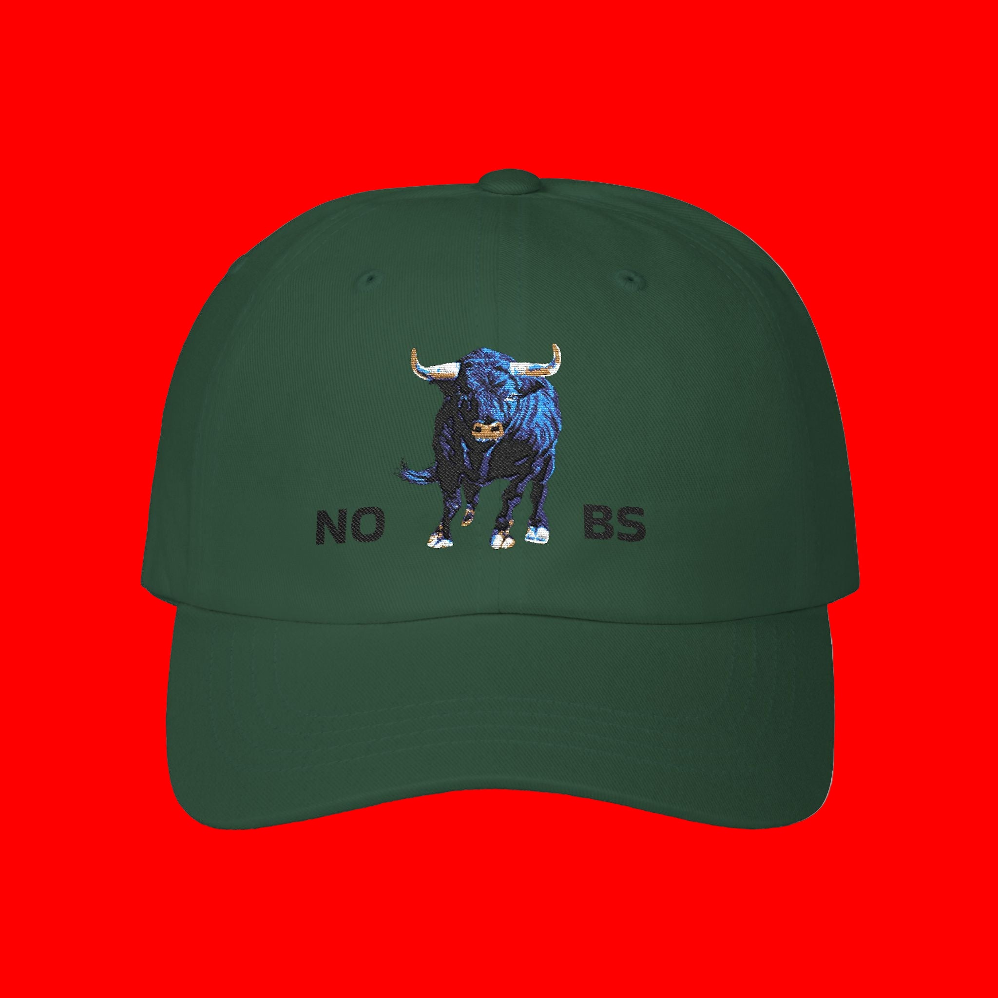 Green cap with a blue bull graphic and 'NO BS' text on a red background