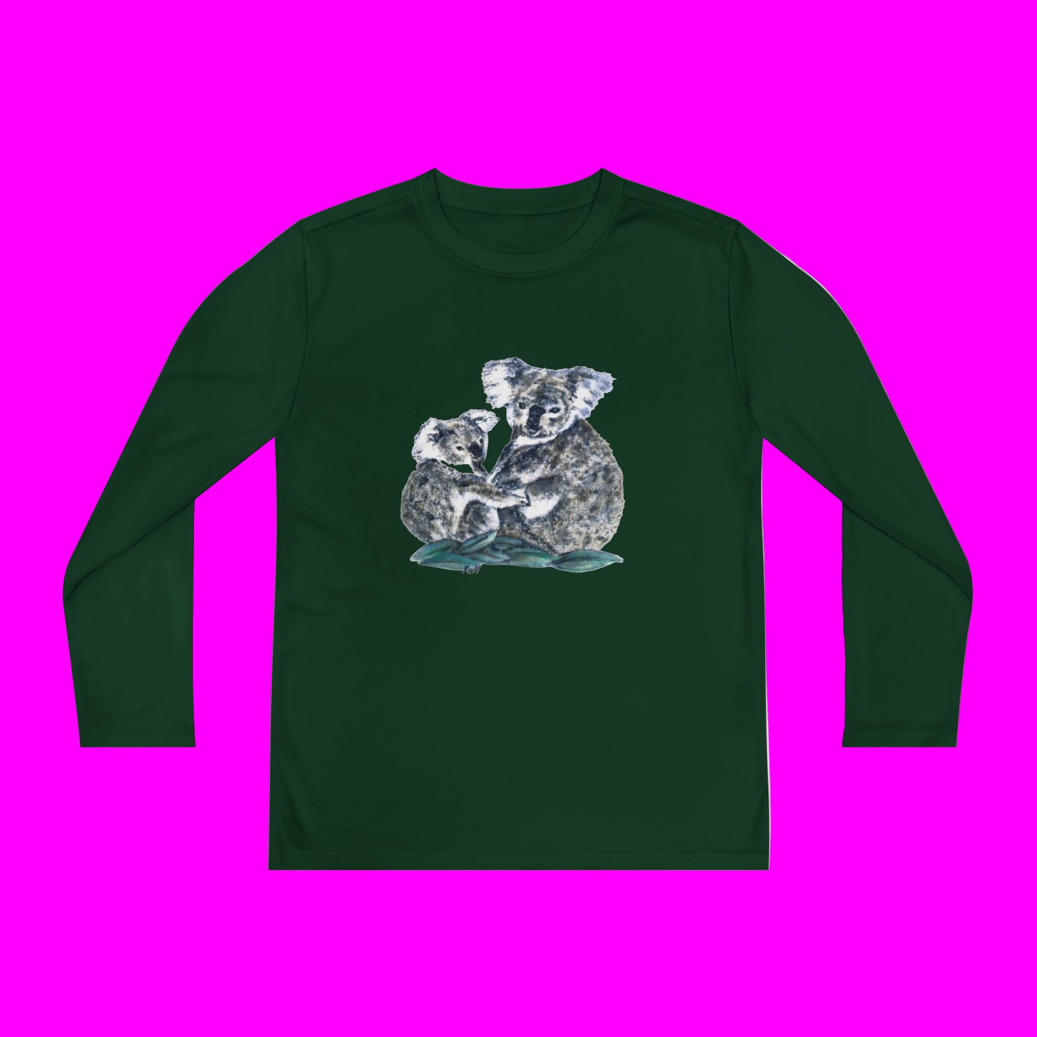 Dark Green long-sleeve shirt with a koala design on a pink background
