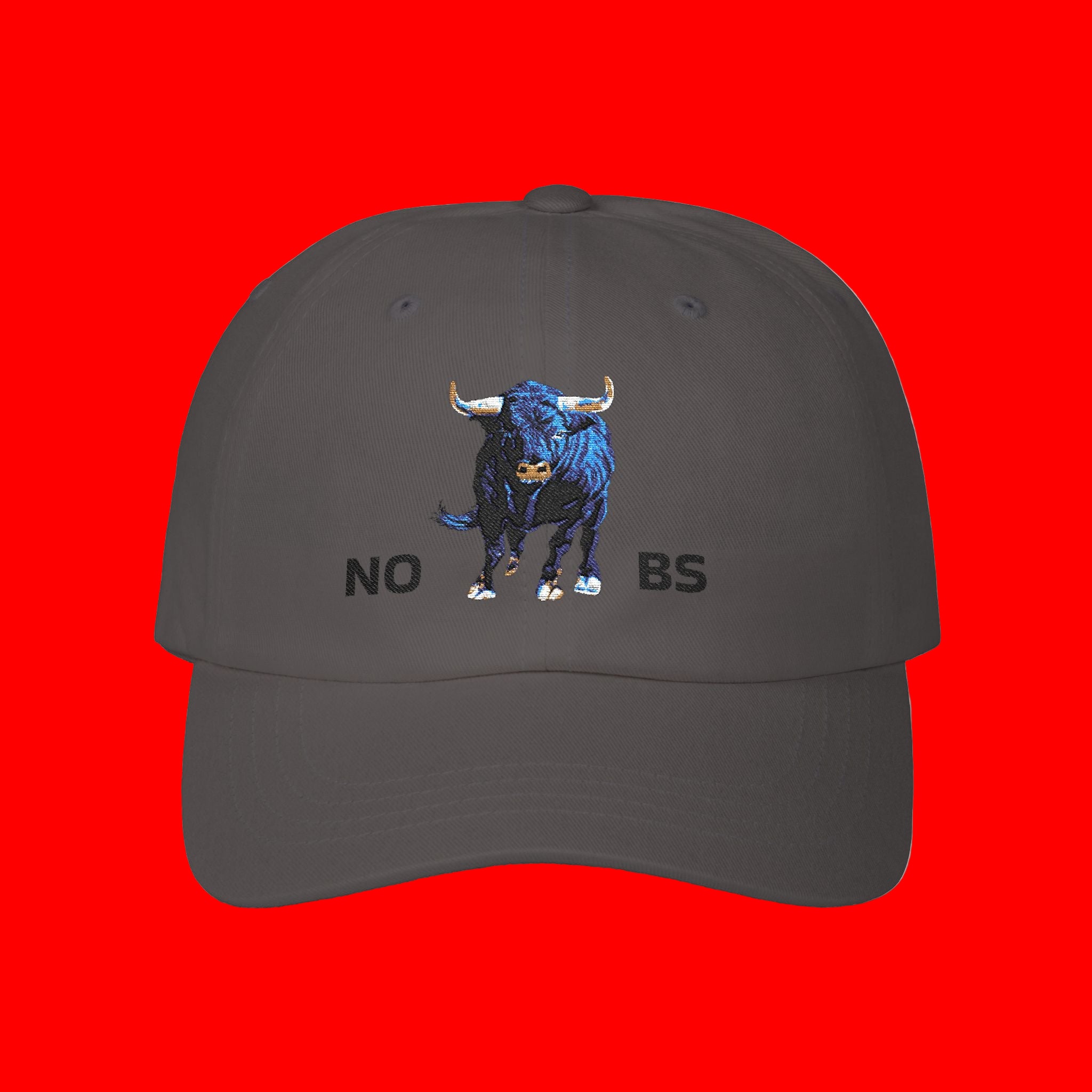 Dark grey hat with a blue bull graphic and 'NO BS' text on a red background