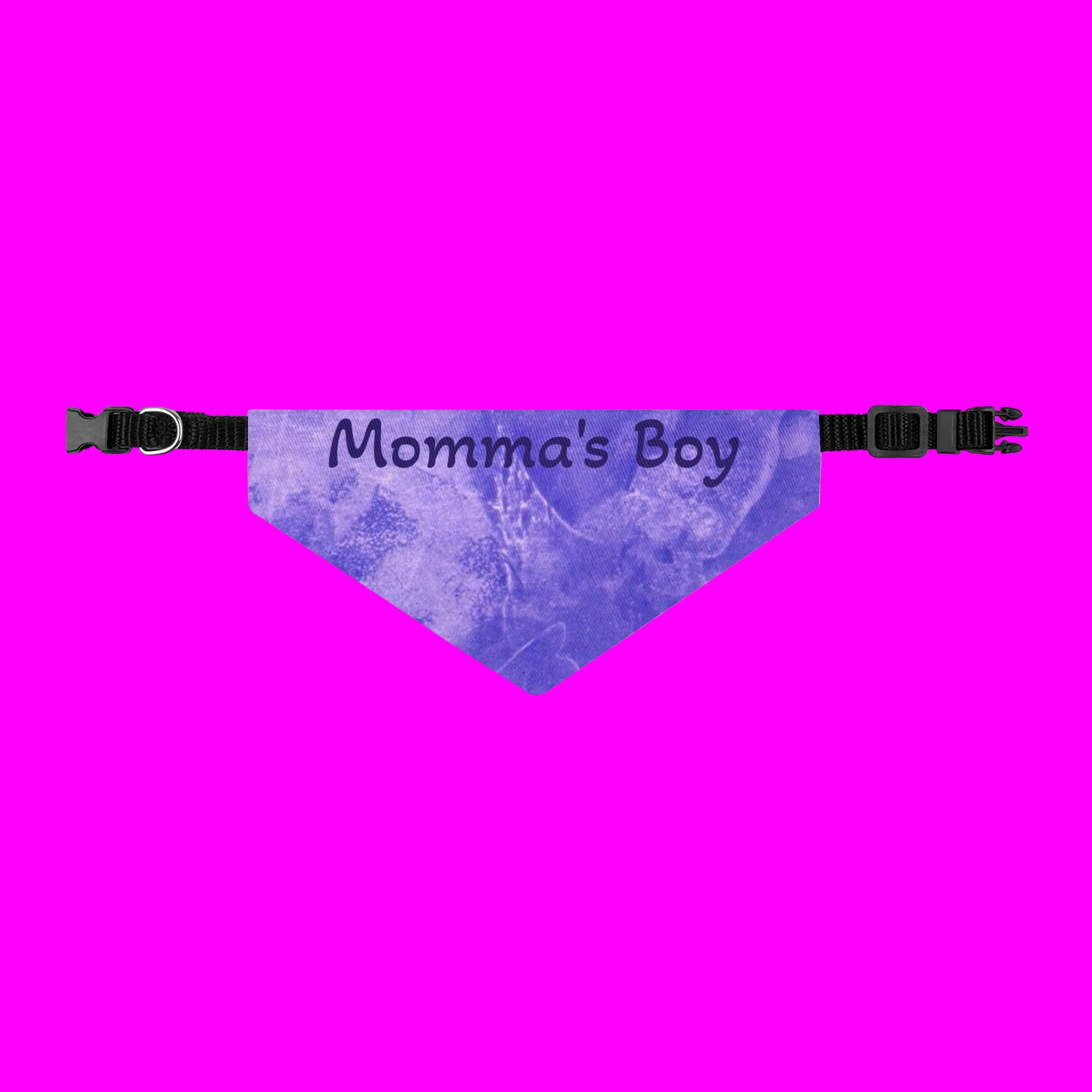 Purple bandana with 'Momma's Boy' text on a pink background