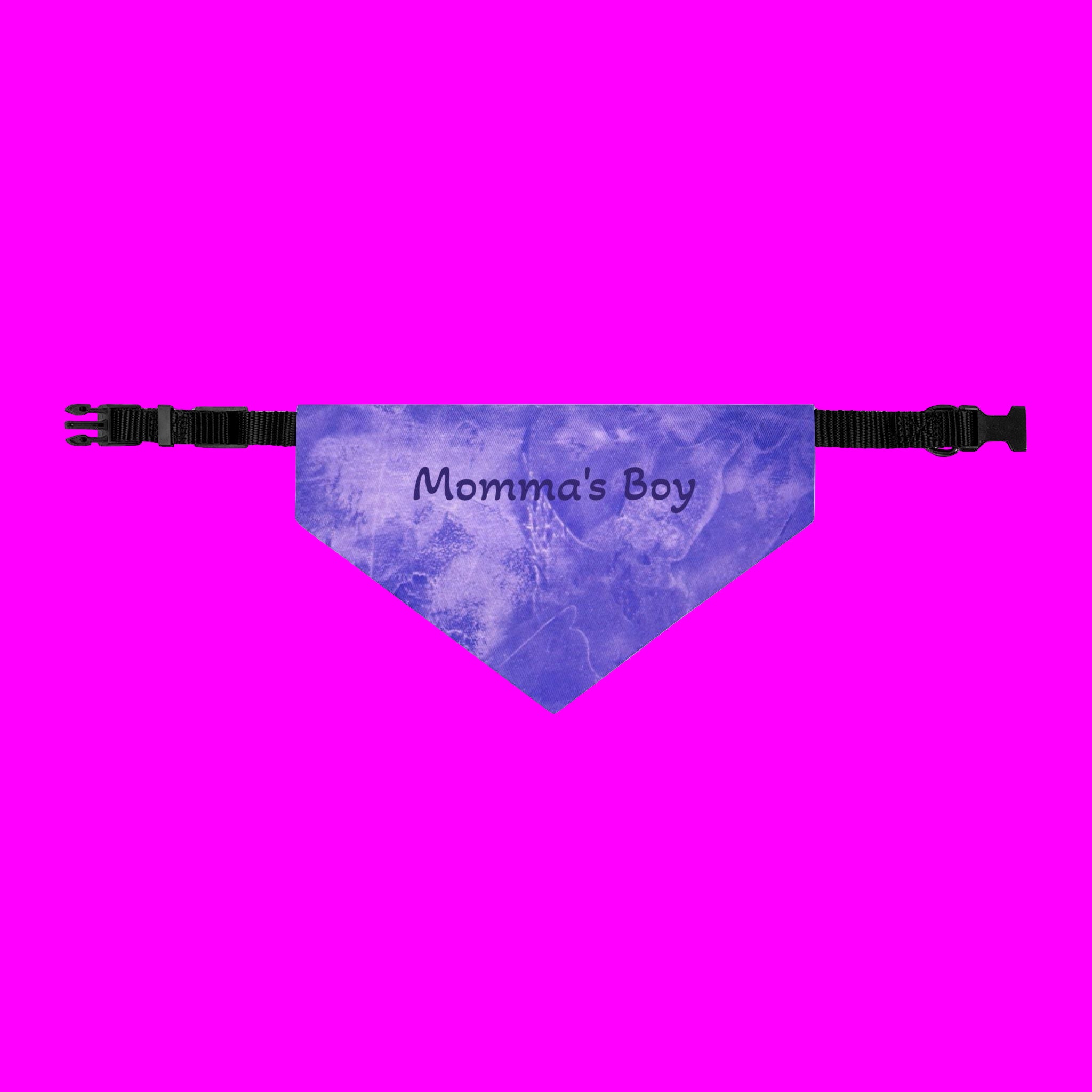 Purple bandana with 'Momma's Boy' text on a pink background