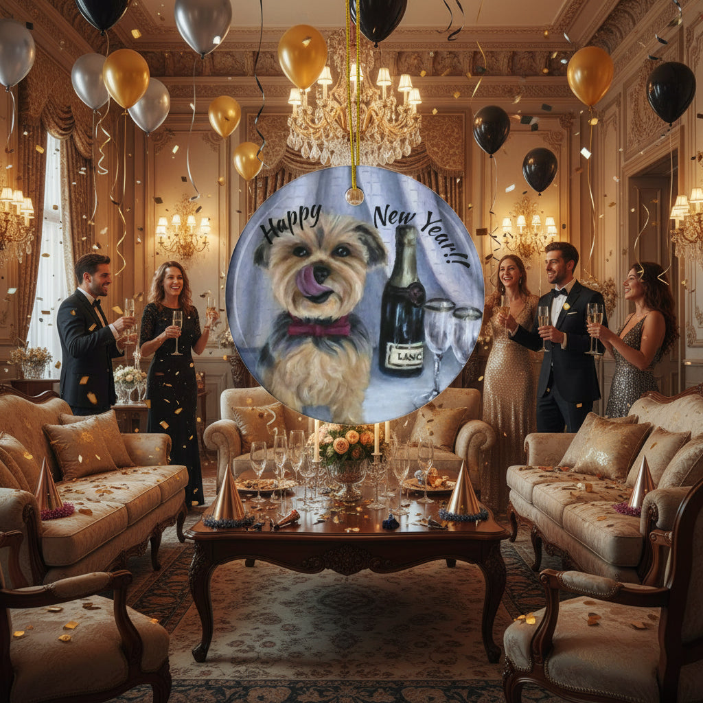 Round ceramic ornament with a dog and champagne bottle design, featuring 'Happy New Year' text.