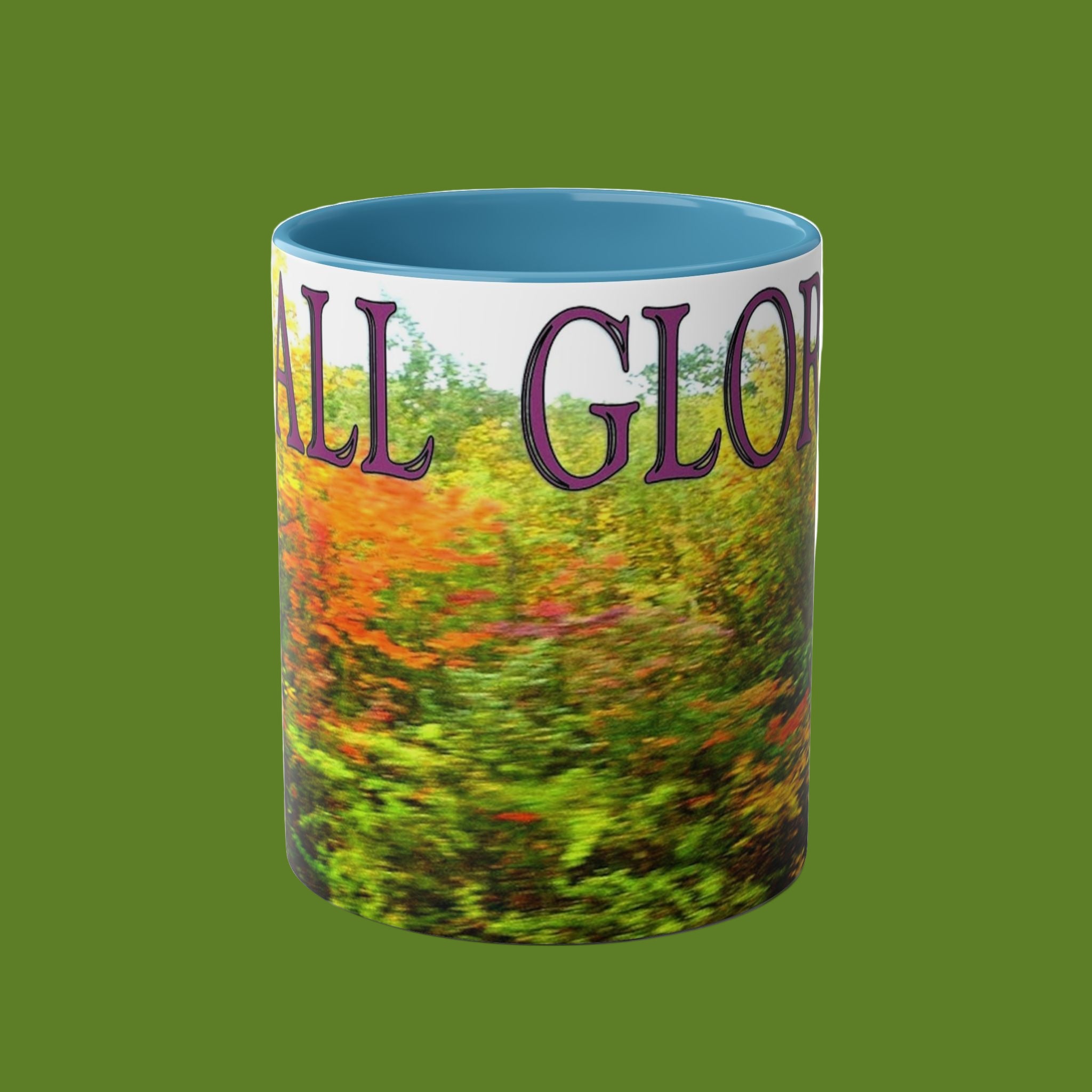 Mug with colorful Fall landscape design and 'FAll Glory' text