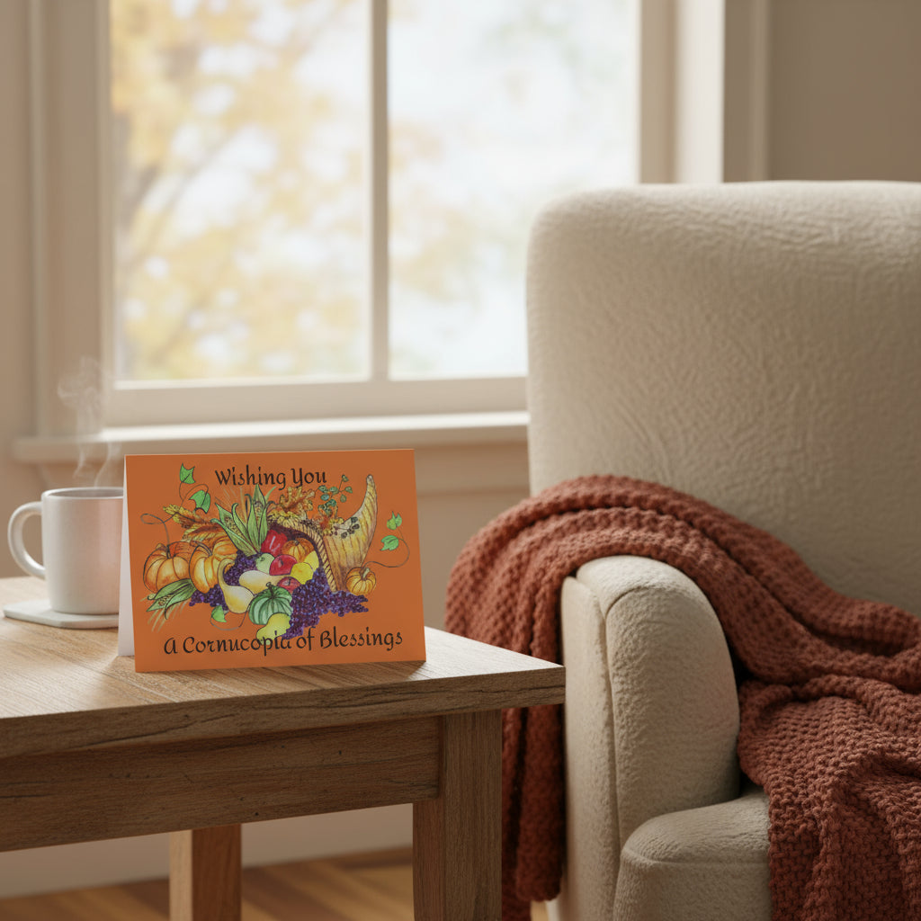 Greeting card with autumn-themed illustration and text on an orange background