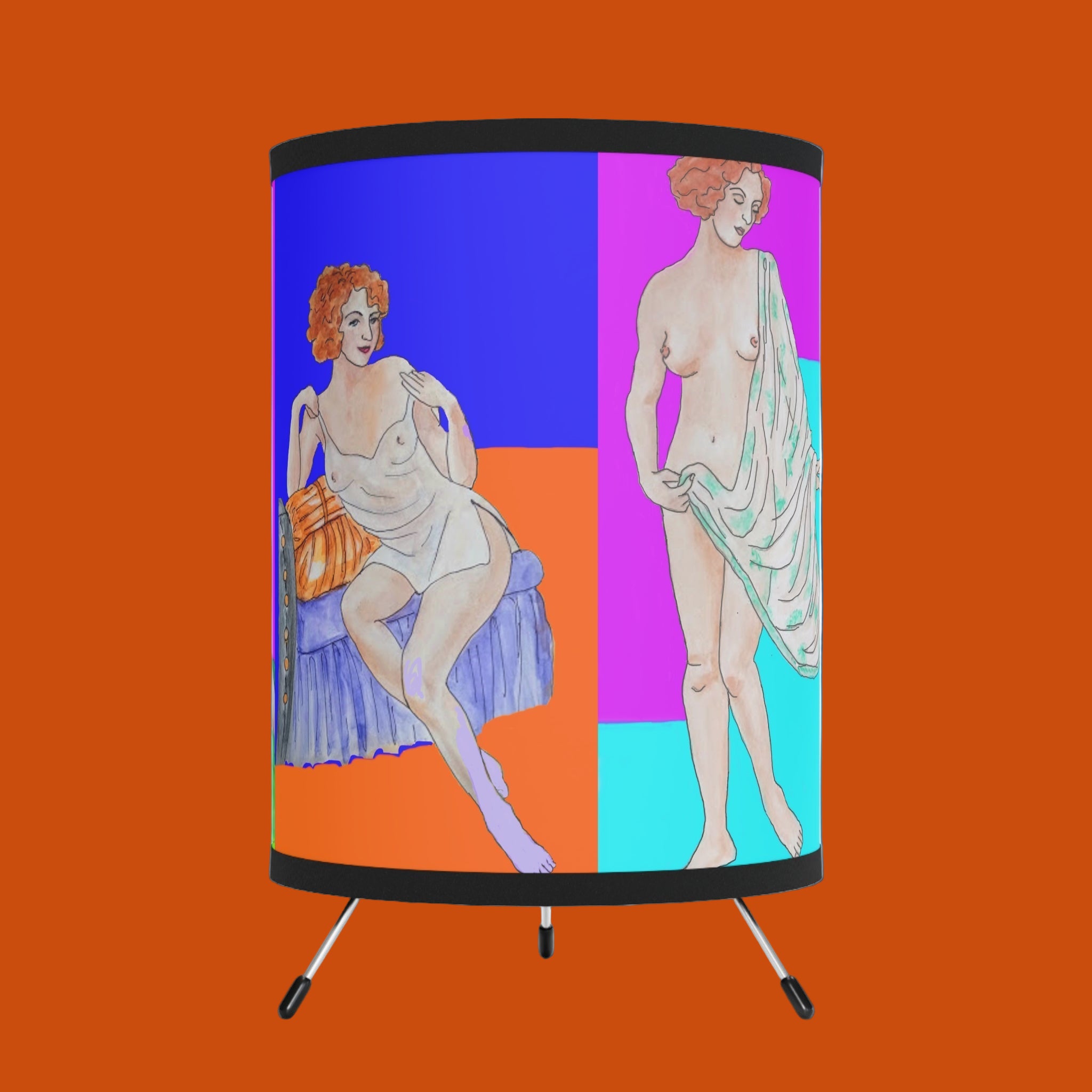 Colorful cylindrical lamp with vintage-style illustrations on a white background