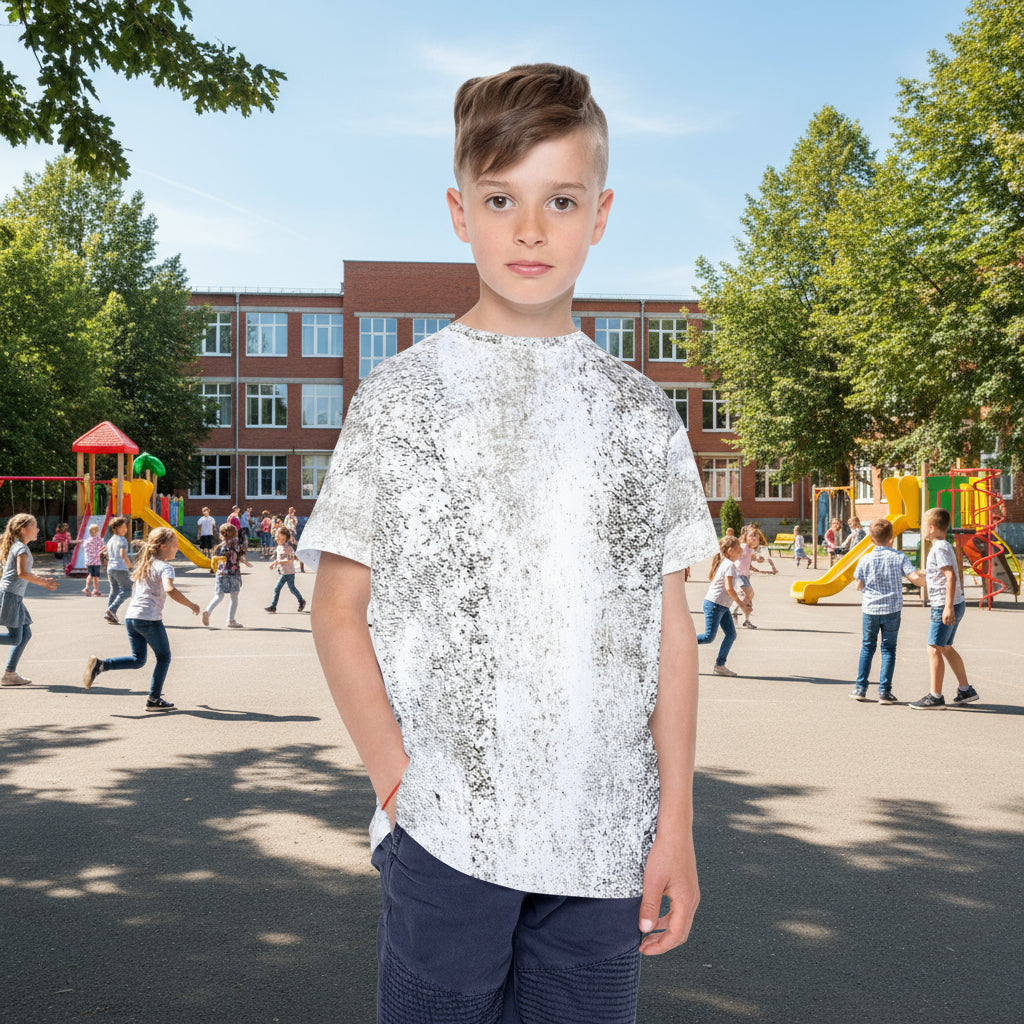 Young boy wearing a white and gray patterned shirt