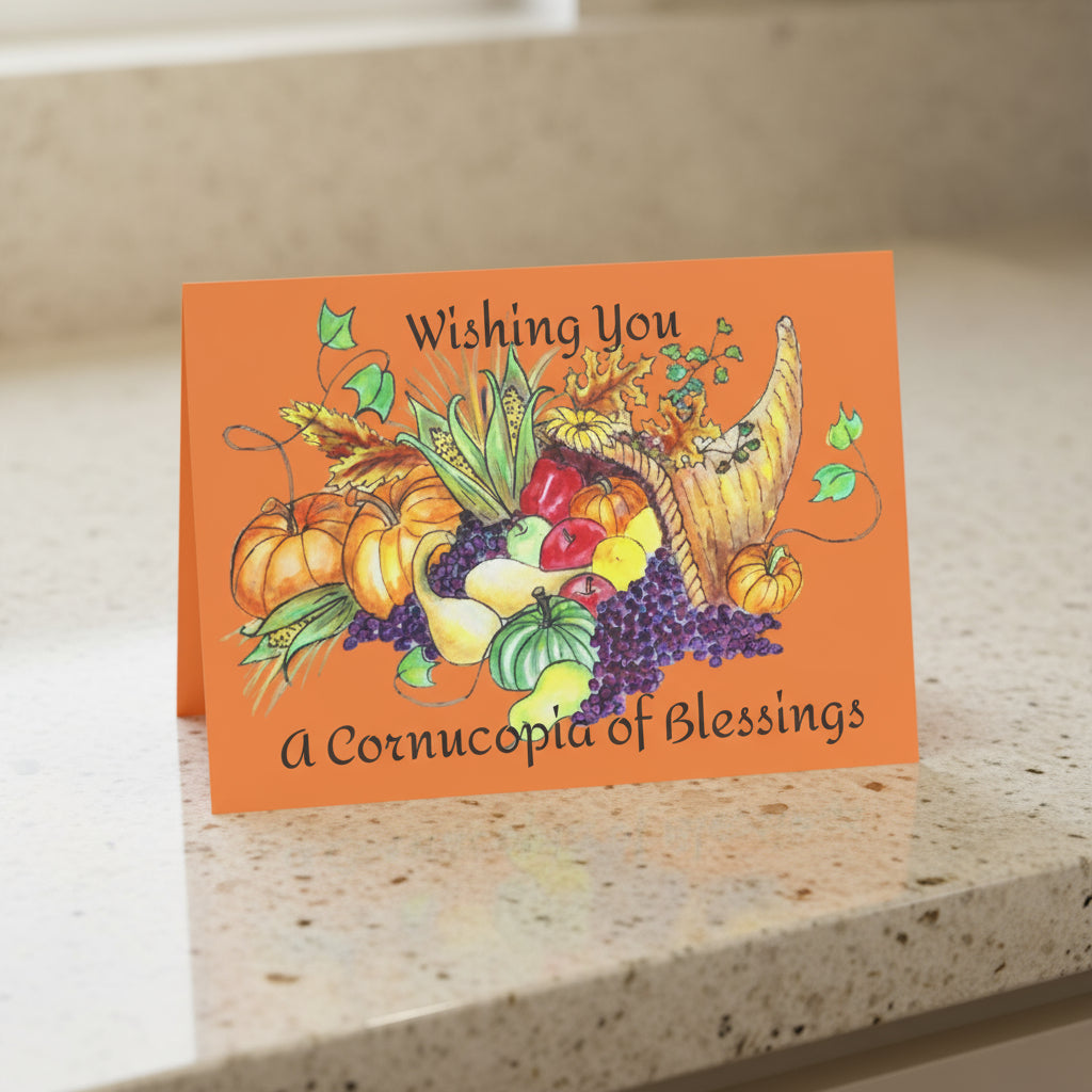 Greeting card with autumn-themed illustration and text on an orange background