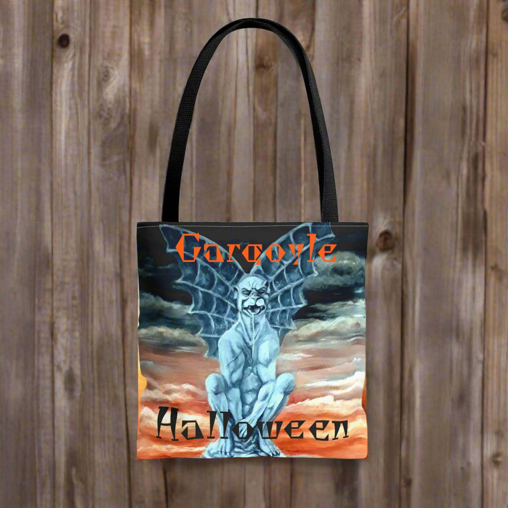 Tote bag with a gargoyle design and 'Halloween' text on an orange background