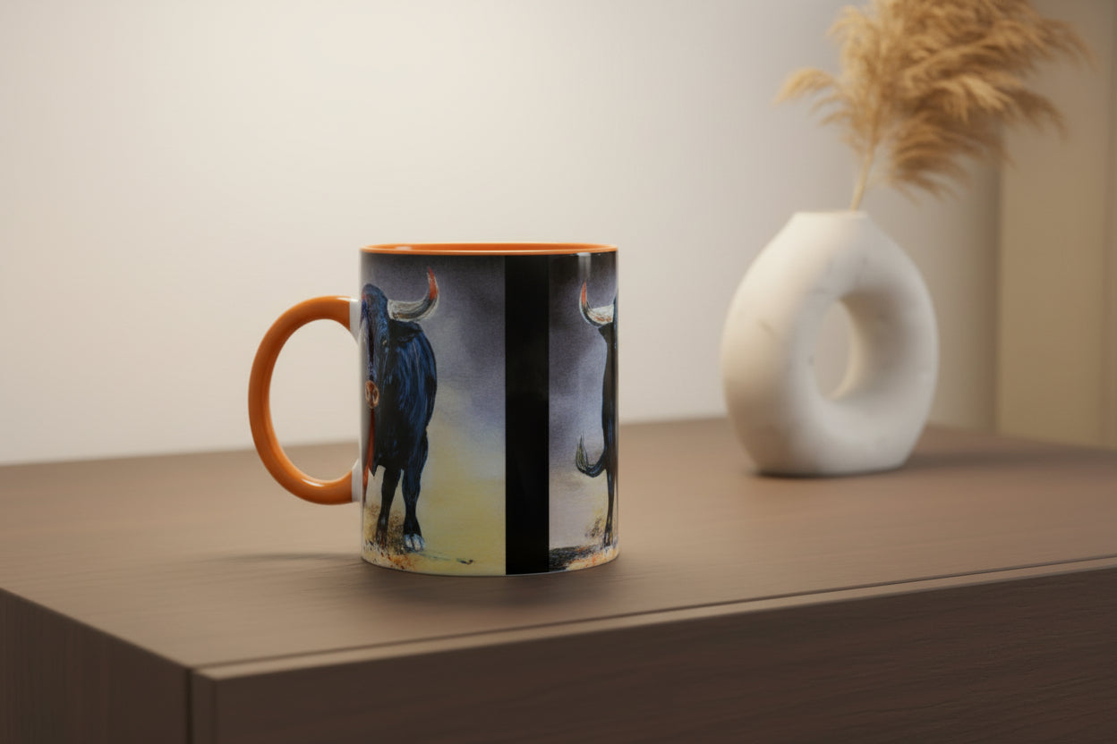 Mug with a artist painting of charging bulls on two sides on mug with orange interior and handle