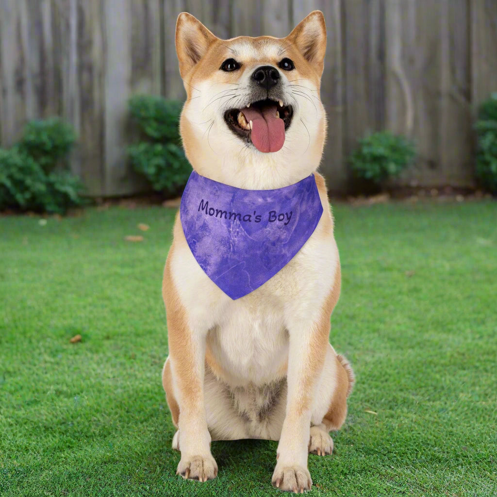 Dog wearing a purple bandana with 'Momma's Boy' text in a yard