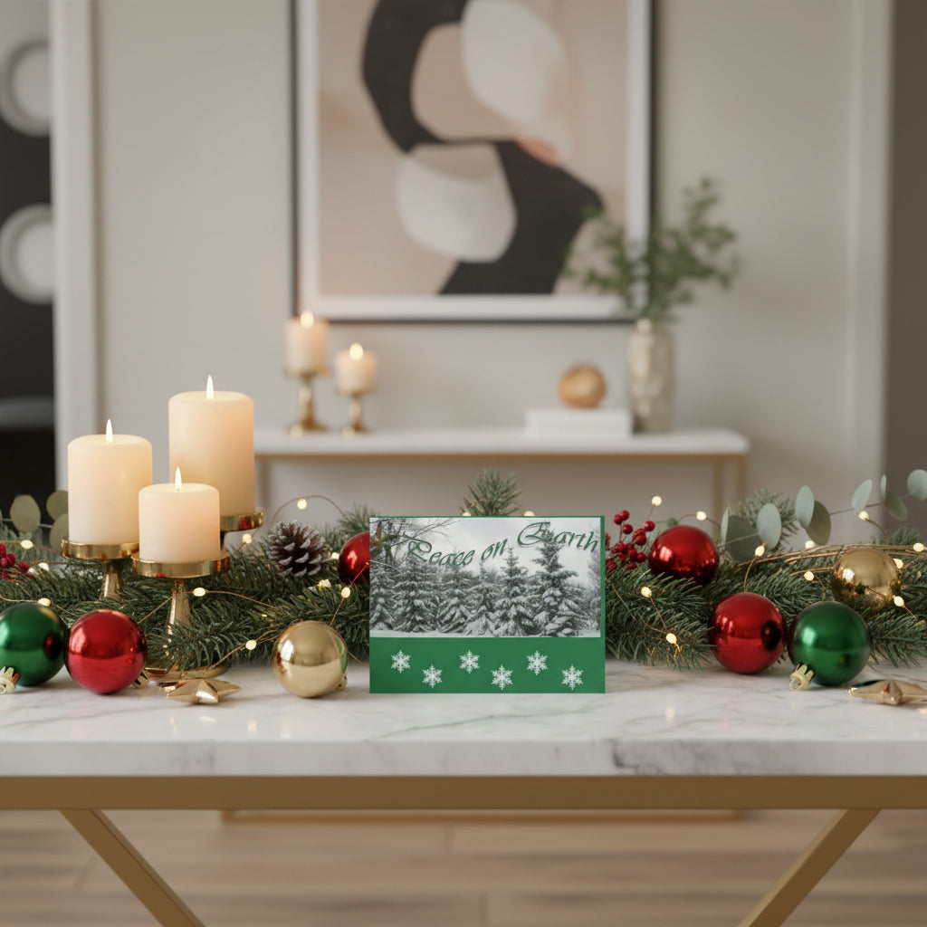 Christmas card with snowy trees and 'Peace on Earth' text