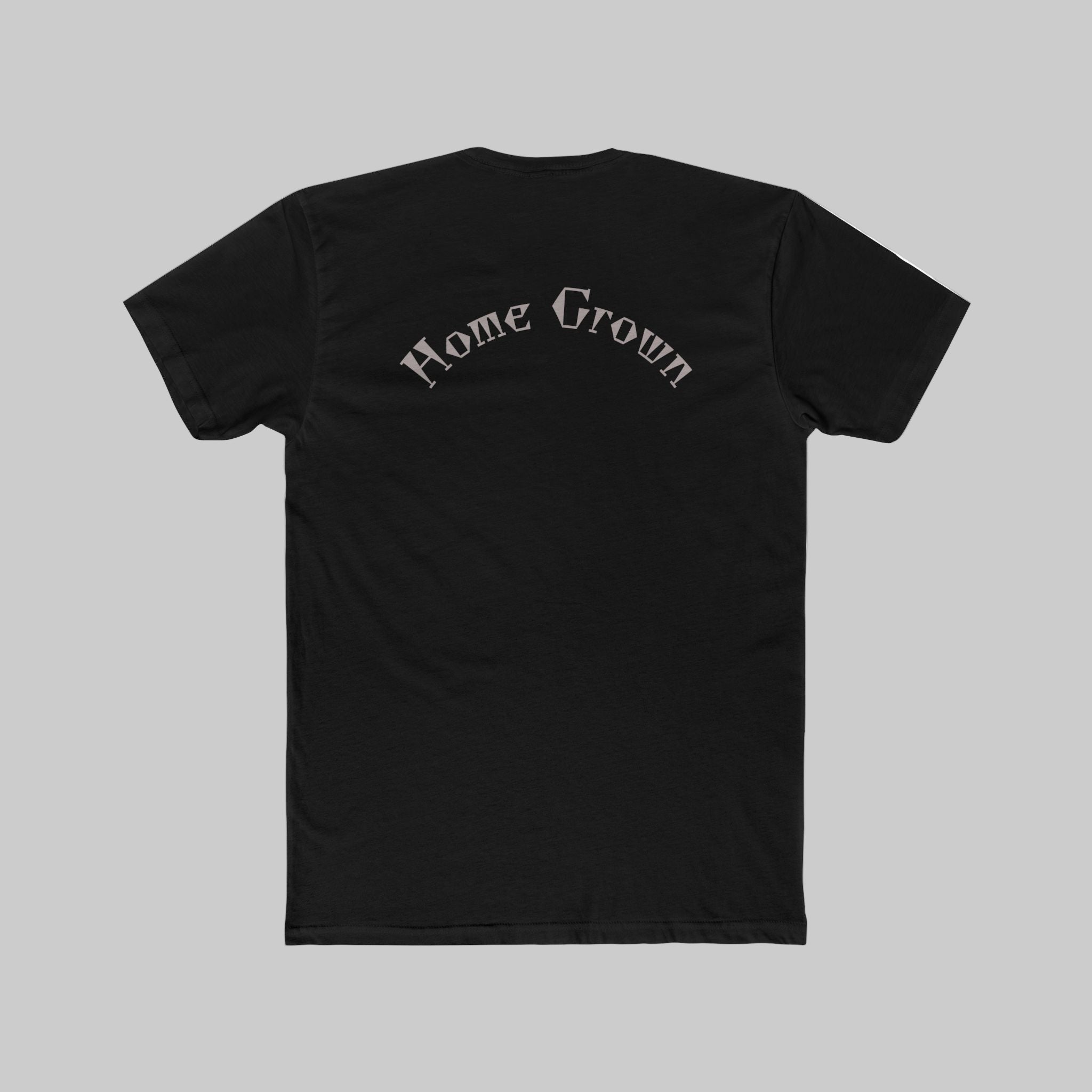 Black t-shirt with 'Home Grown' text on the back against a white background