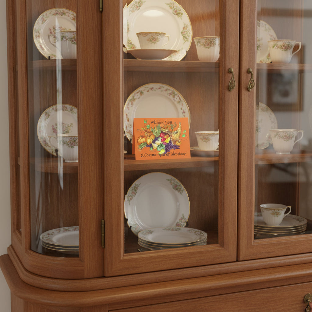 Greeting card with autumn-themed illustration and text on an orange background