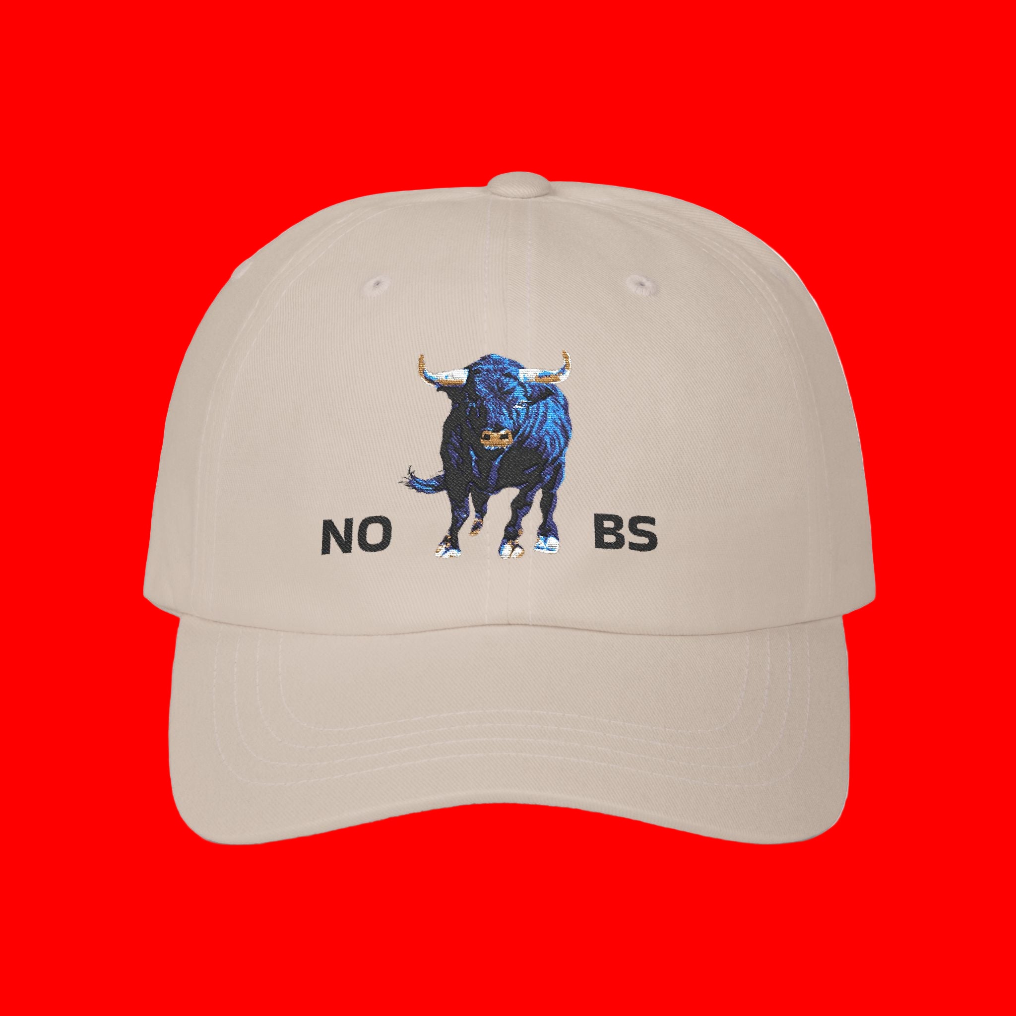 Khaki cap with blue bull graphic and 'NO BS' text on a white background