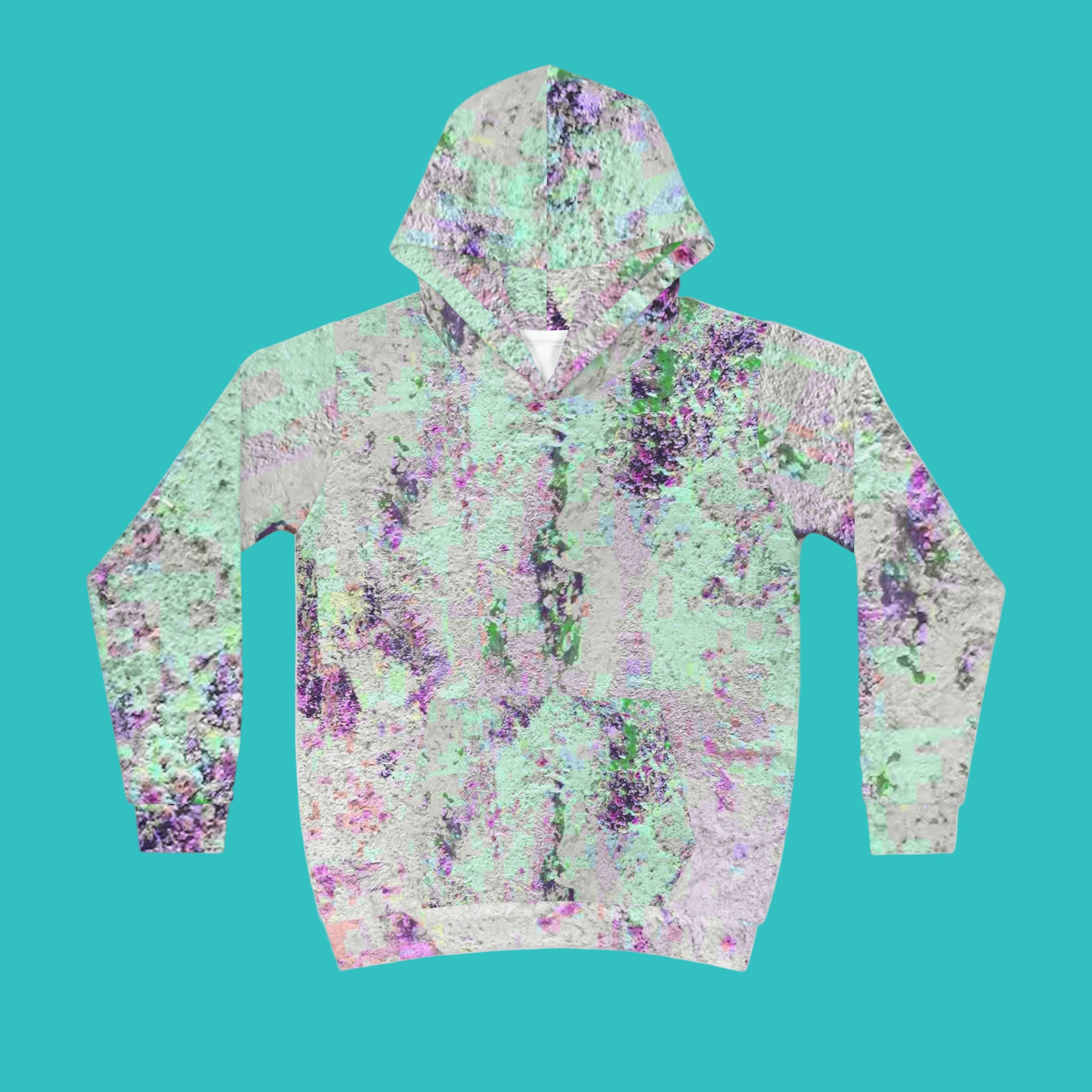 Hoodie with a floral pattern in green, purple, and pink