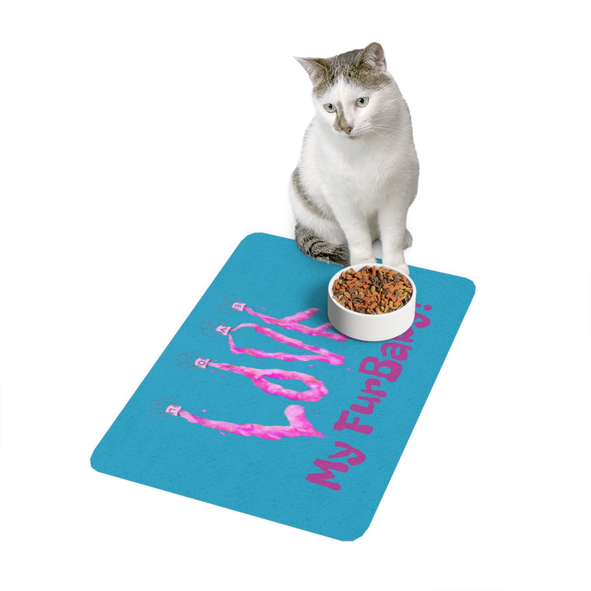 Cat sitting on a blue mat with pink text next to a white bowl of cat food.
