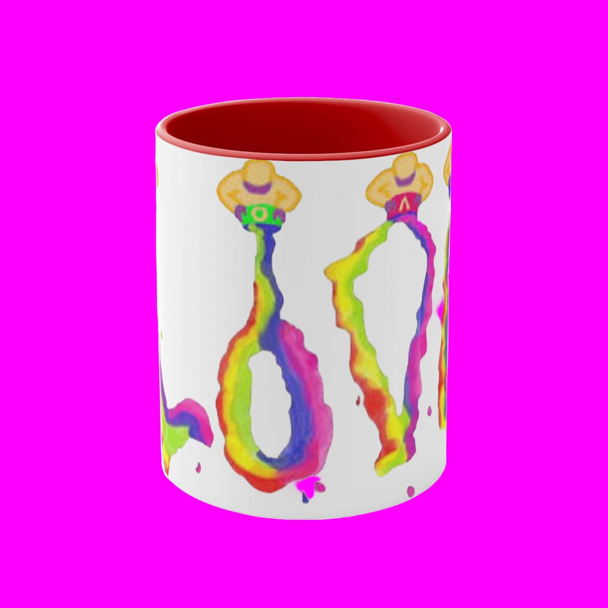 Mug with colorful abstract design on a pink background