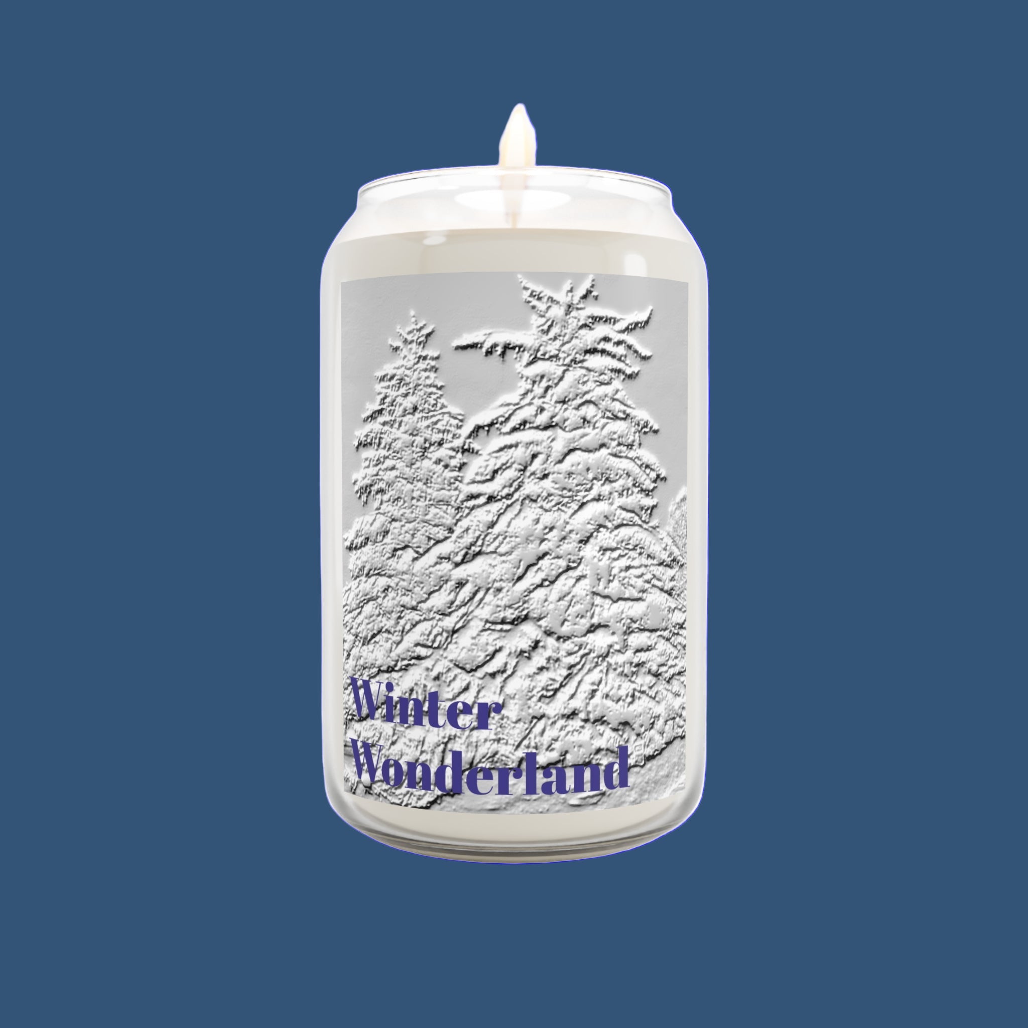 Candle with 'Winter Wonderland' text and tree design on a blue background