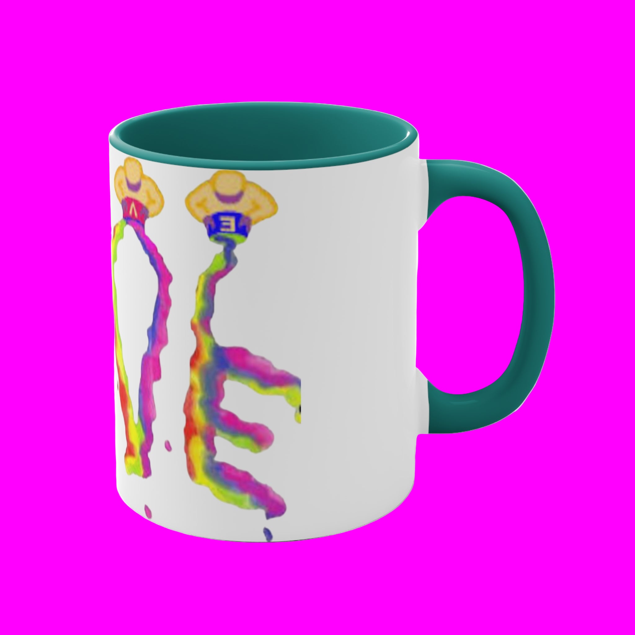 Mug with colorful design on a pink background