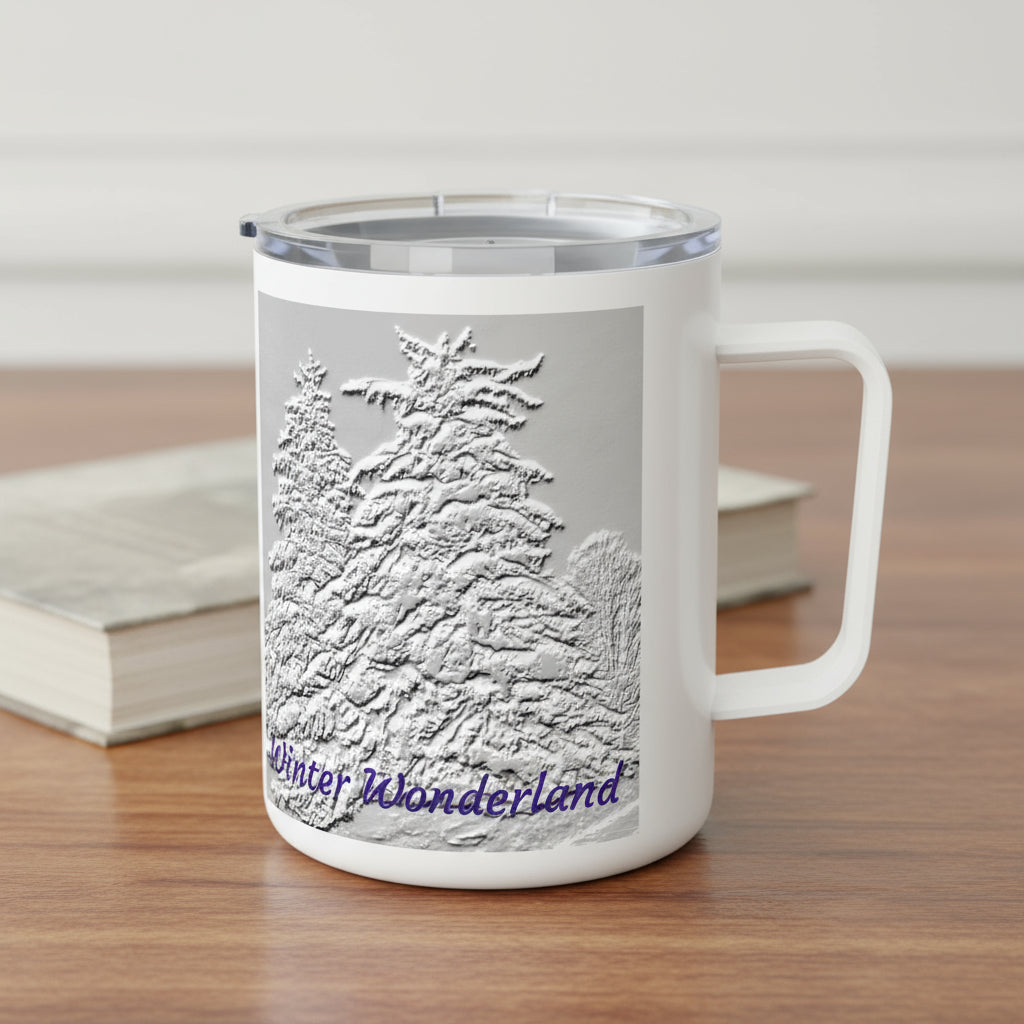 White mug with winter wonderland design and 'Winter Wonderland' text on a wooden table with book