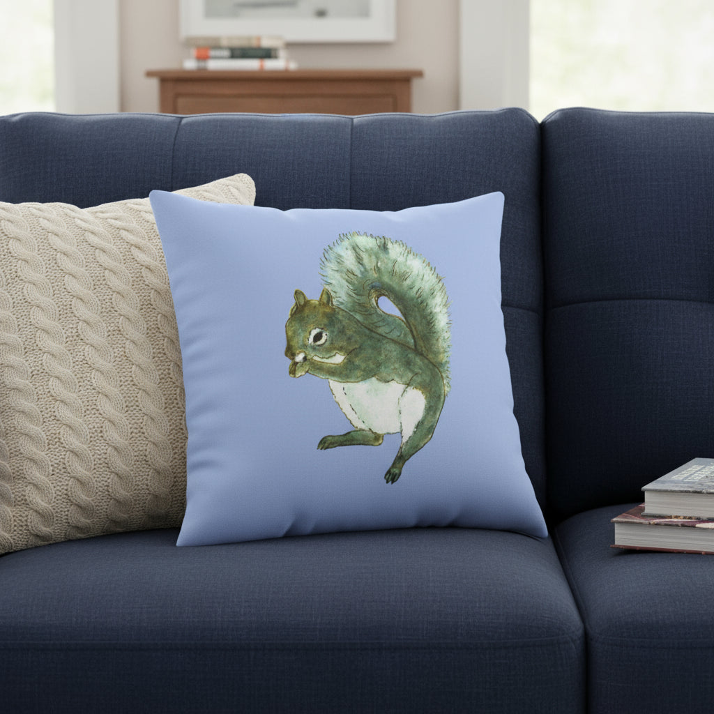 Pillow with a squirrel design on a light blue background