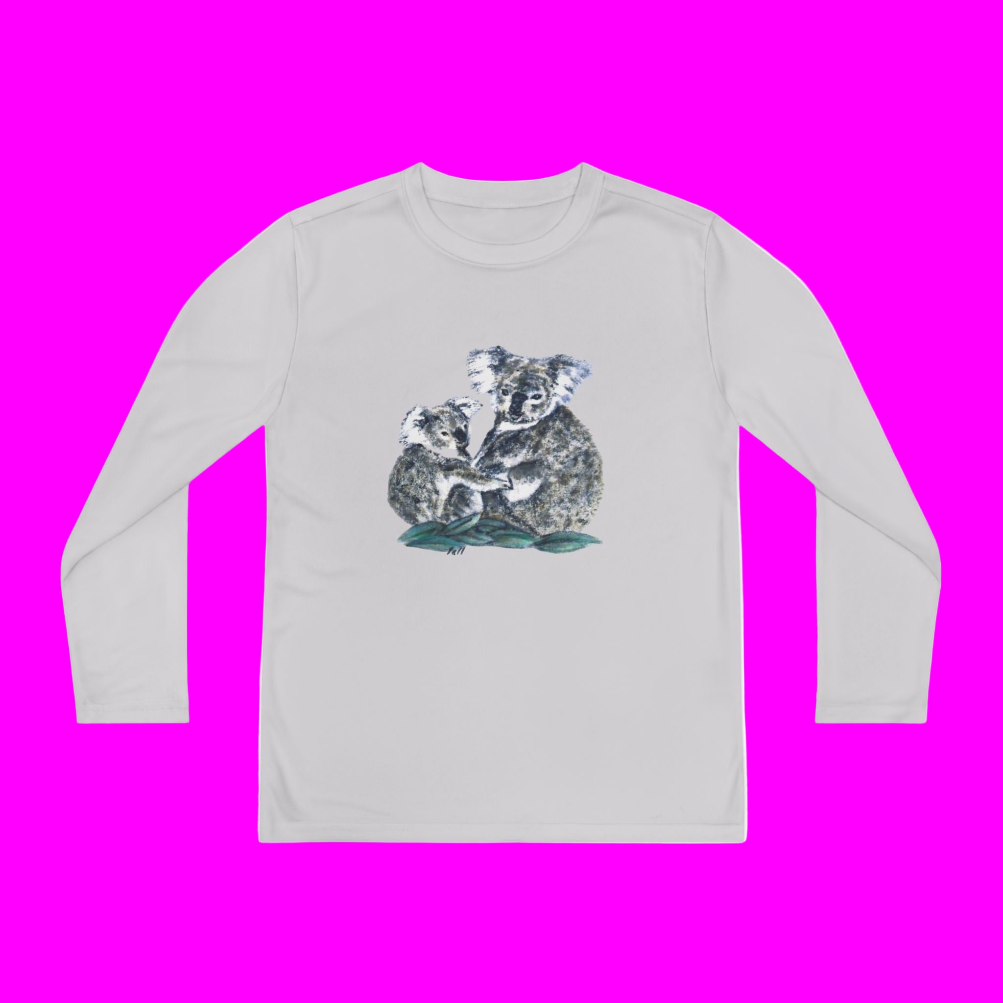 Gray long-sleeve shirt with koala design on a pink background