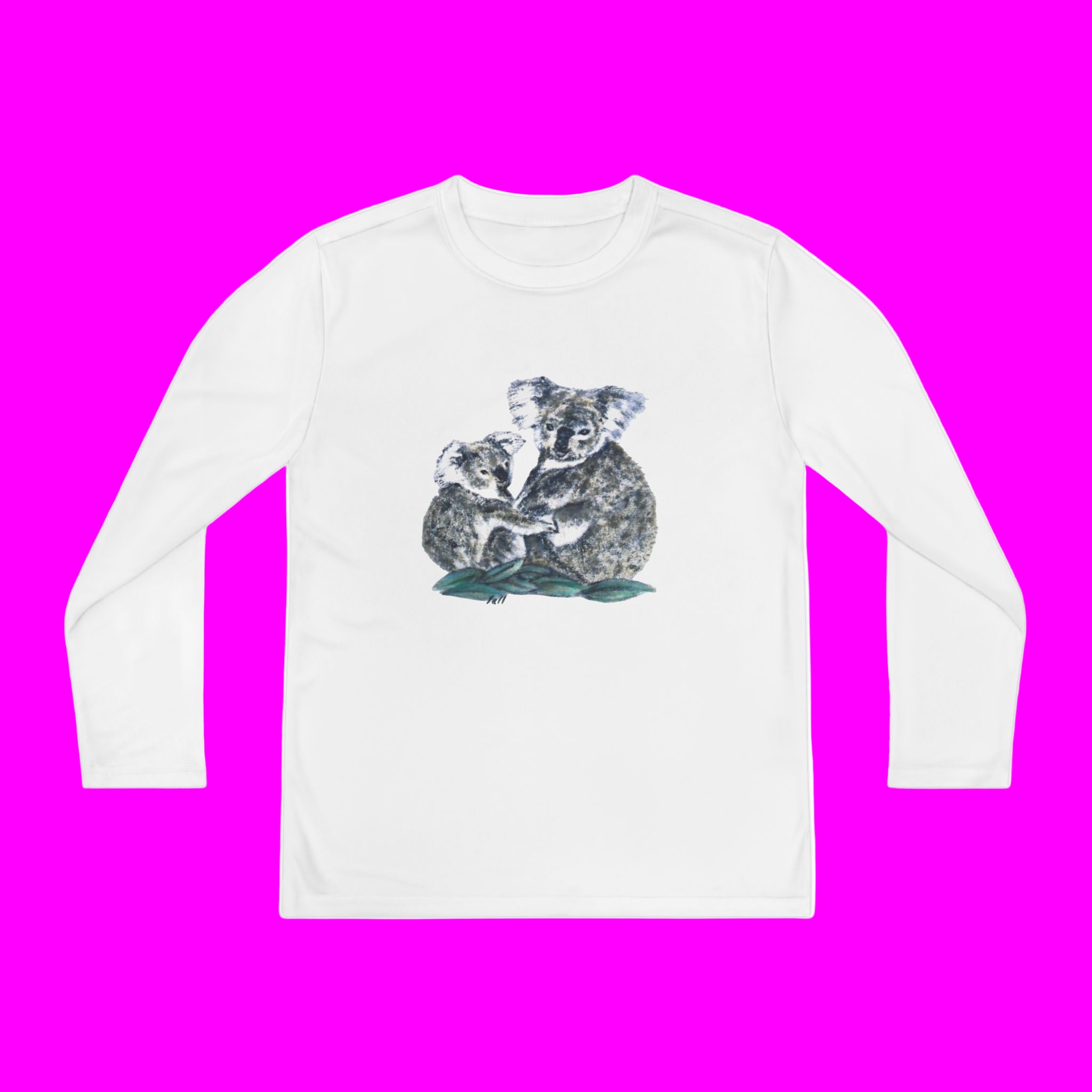 White long-sleeve shirt with koala design on a pink background