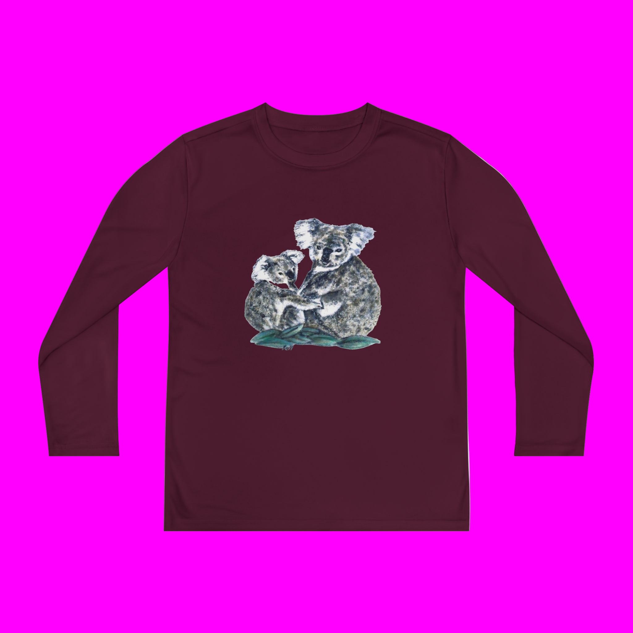Maroon long-sleeve shirt with a graphic of two koalas on a pink background