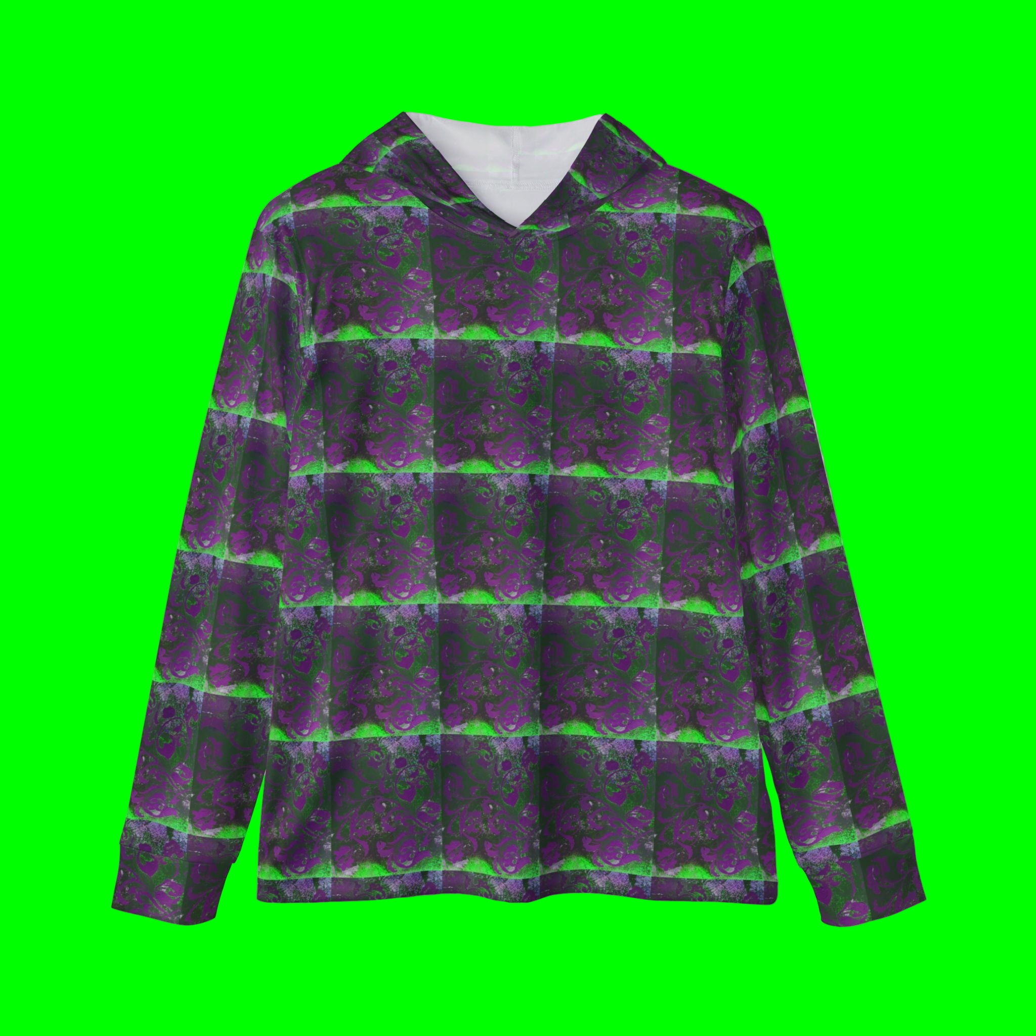Purple and green checkered shirt on a white background