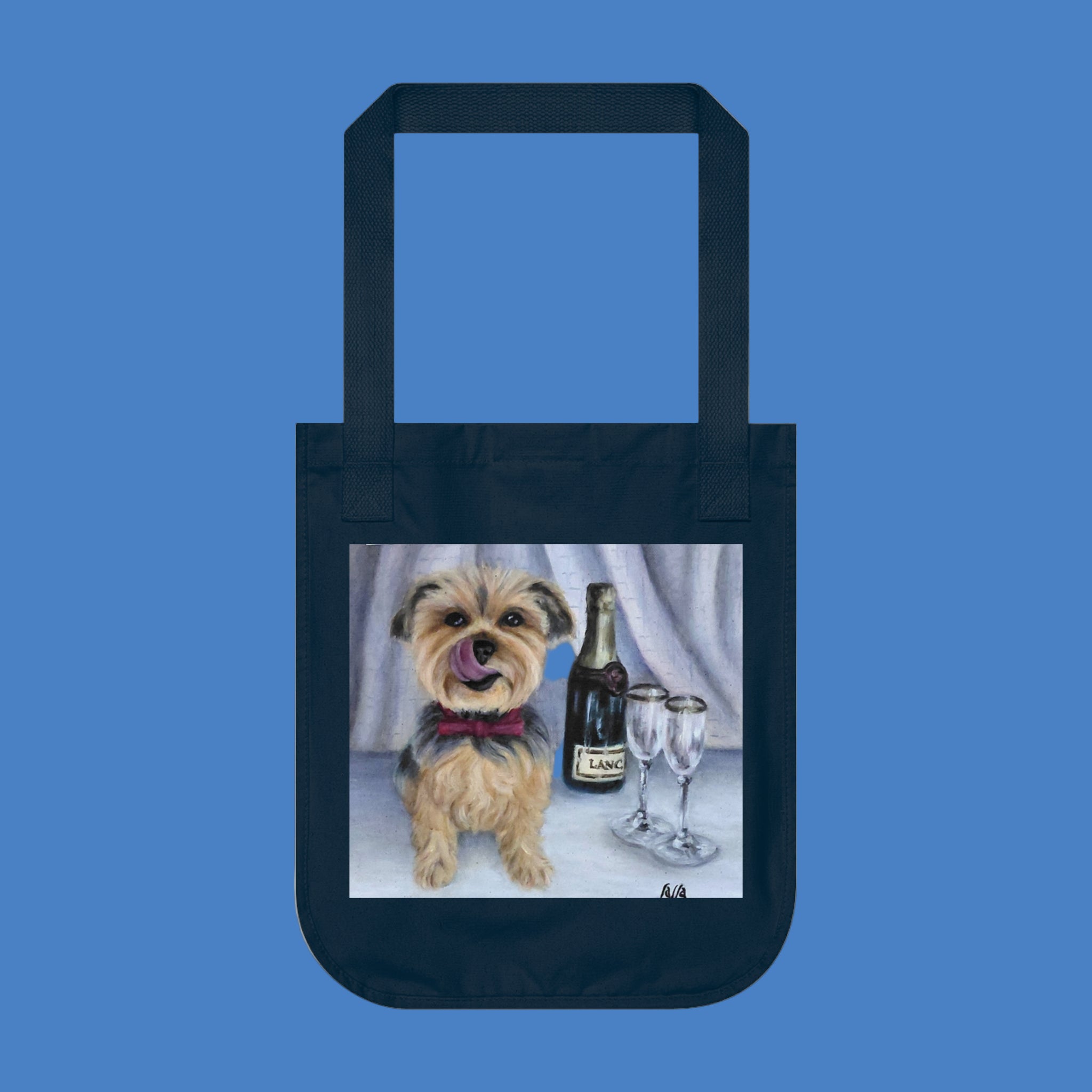 Navy blue tote bag with a dog and wine bottle design on a white background