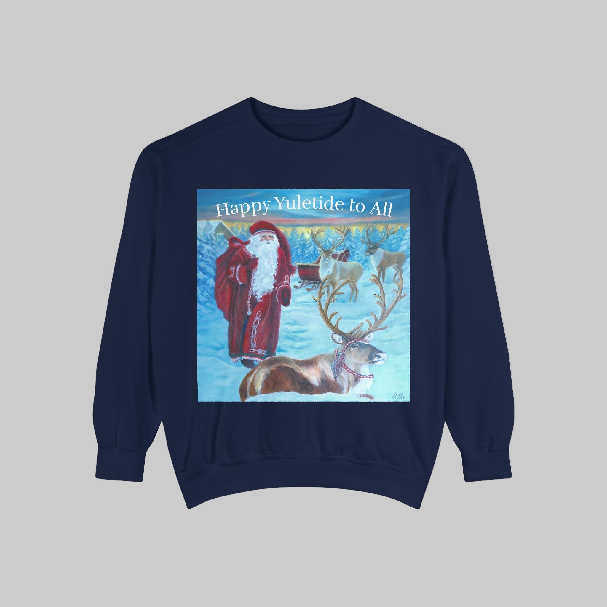 Navy blue sweatshirt with a Christmas design featuring Santa Claus and reindeer on a Light background
