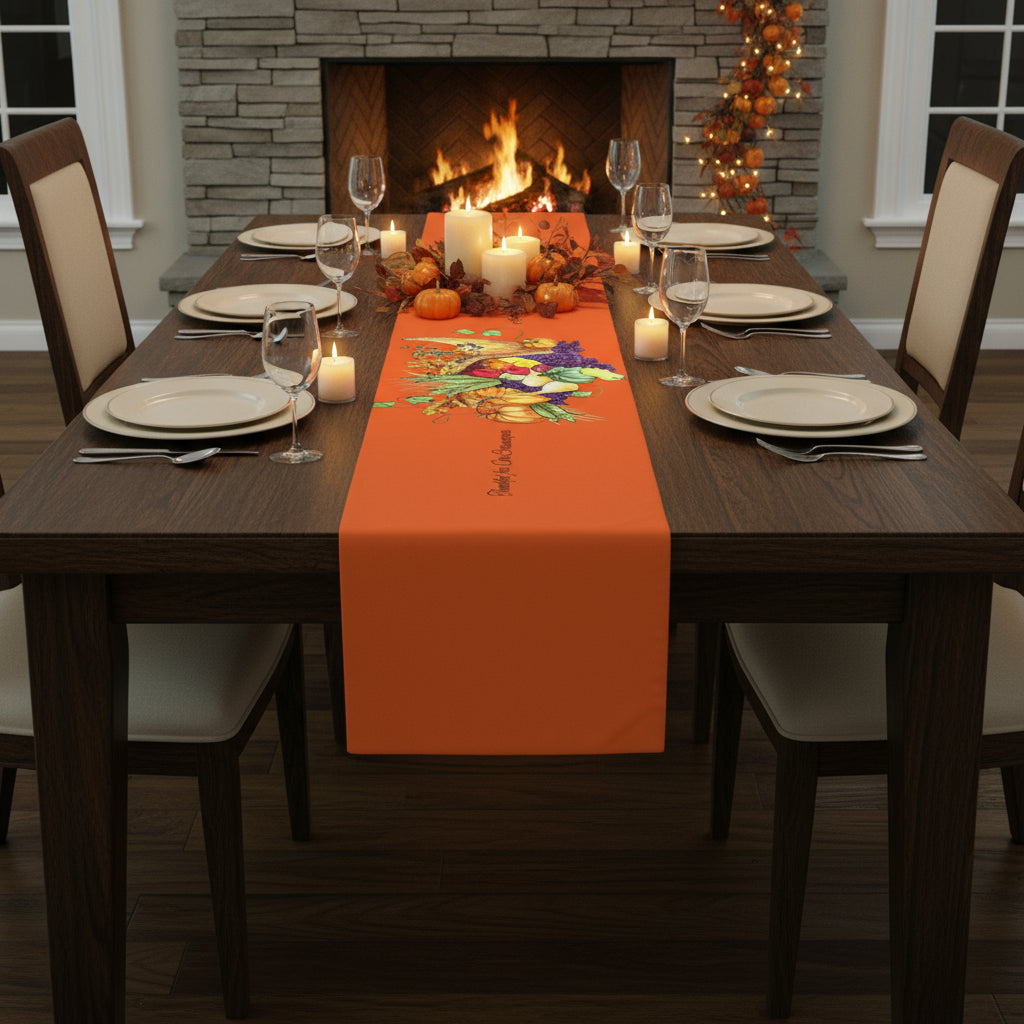 Orange table runner with autumn-themed design on a white background