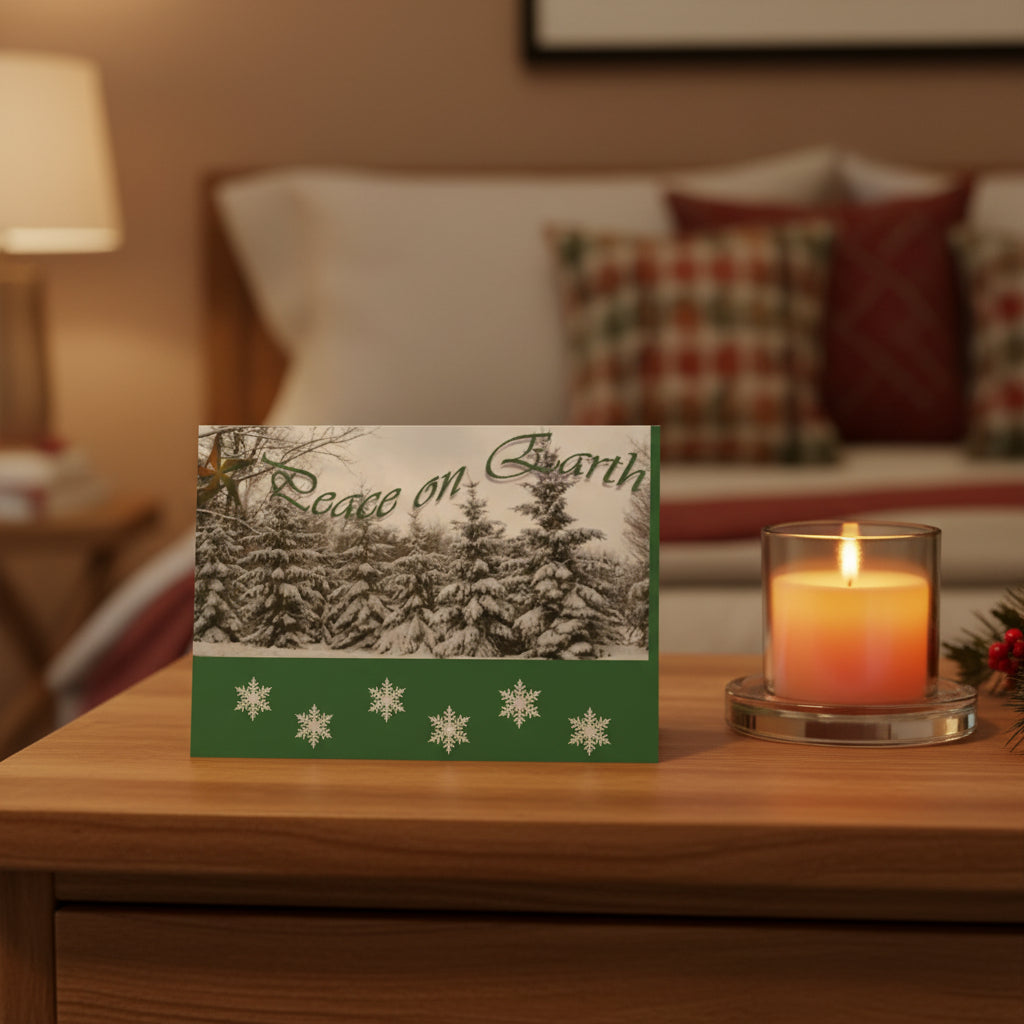 Christmas card with snowy trees and 'Peace on Earth' text on a green border.