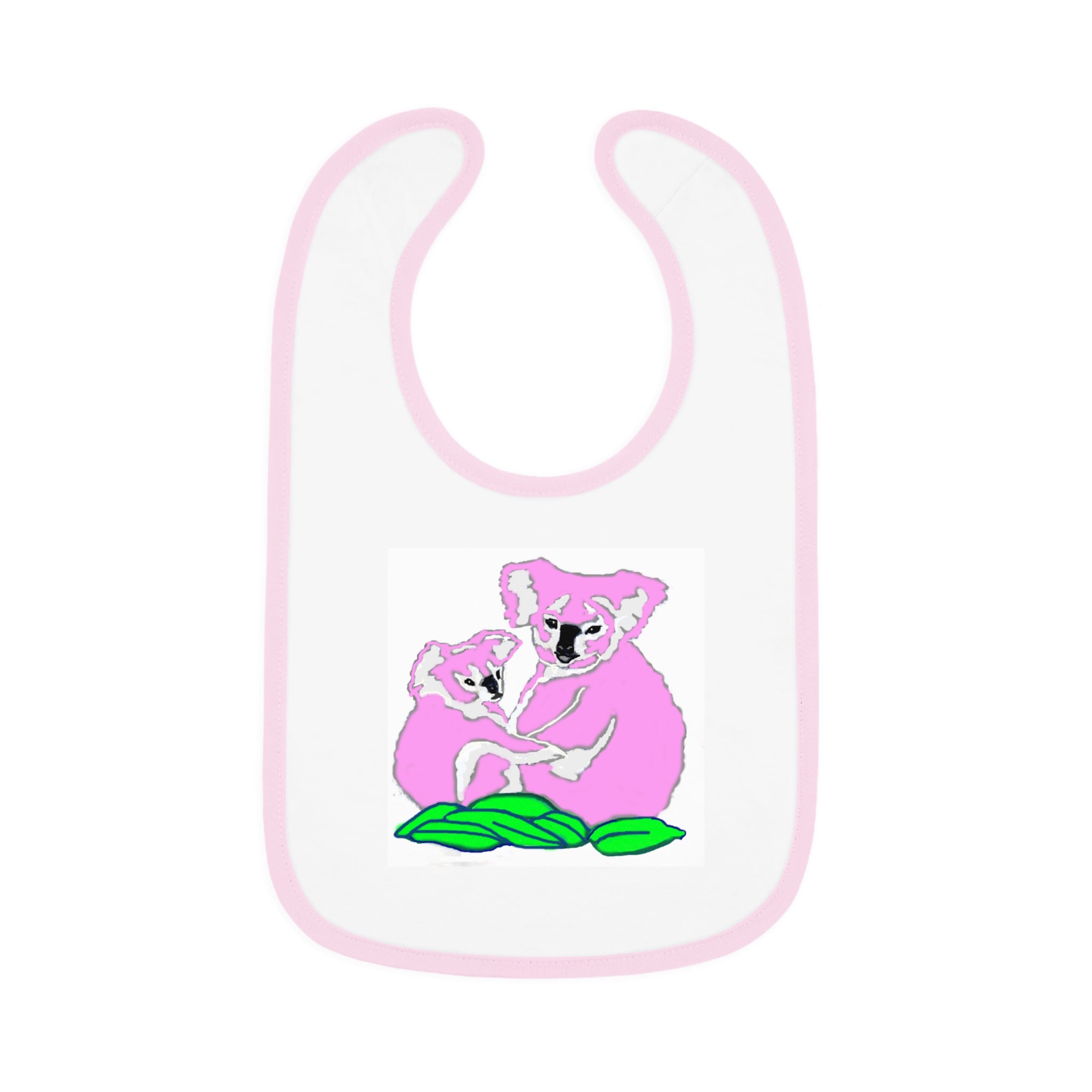 Baby bib with pink koala design on a pink background