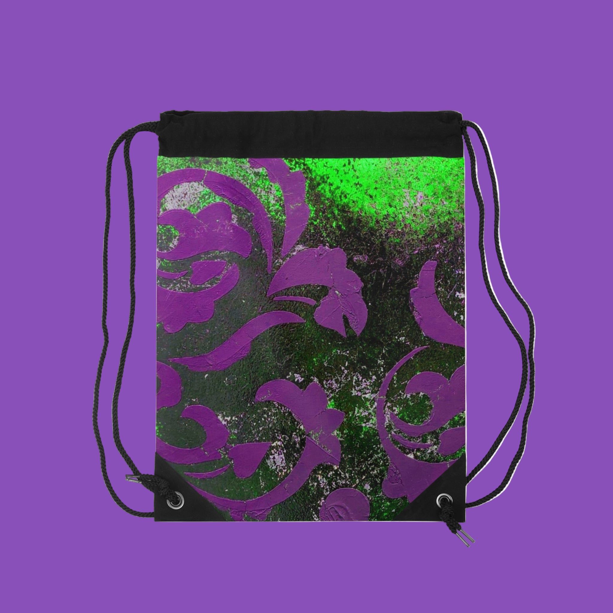 Drawstring bag with purple floral pattern on a green and black textured background