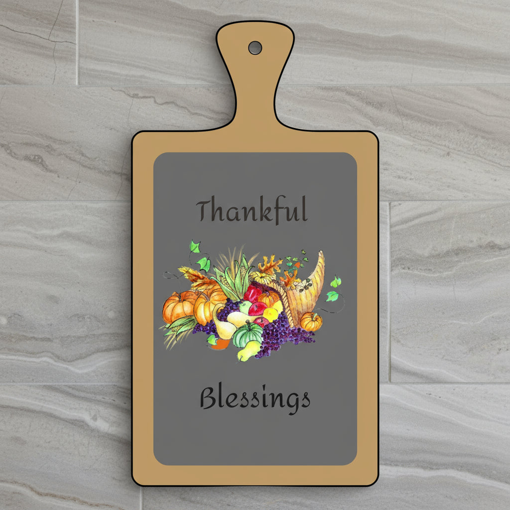 Charcuterie board with 'Thankful Blessings' text and Cornucopia design on a orange background