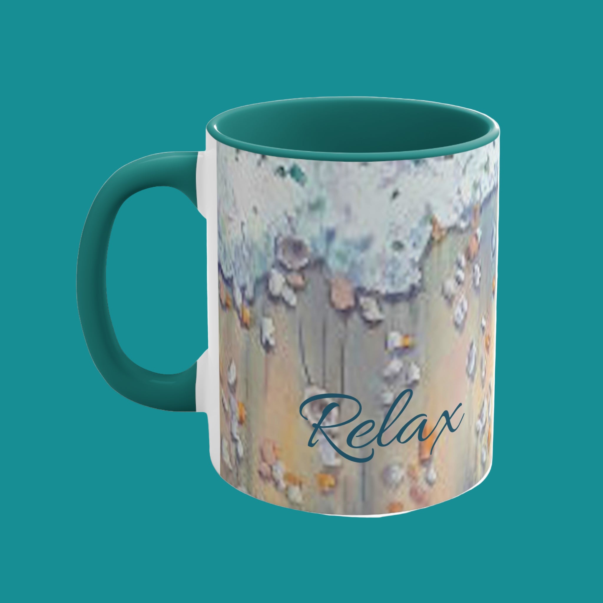 Mug with floral design and 'Relax' text on a teal background