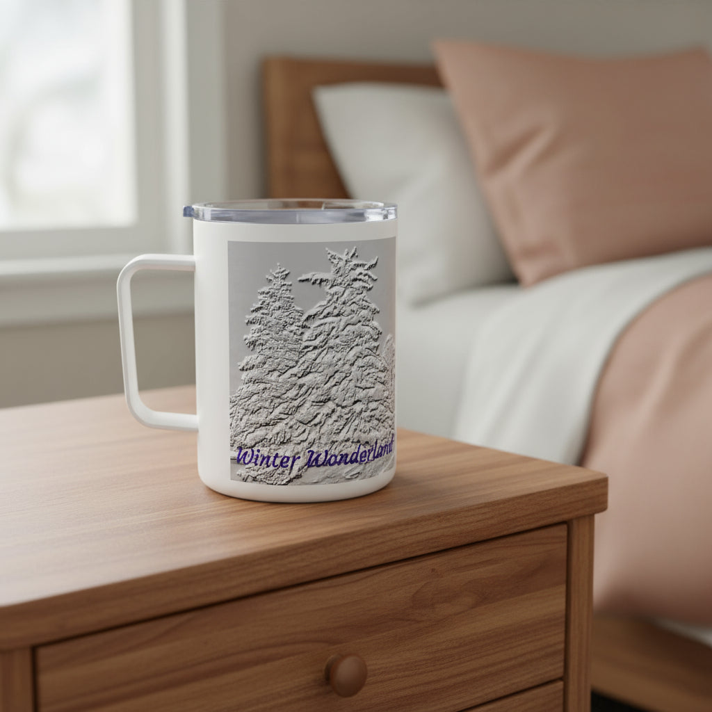 White mug with 'Winter Wonderland' text and snowy tree design on a gray background