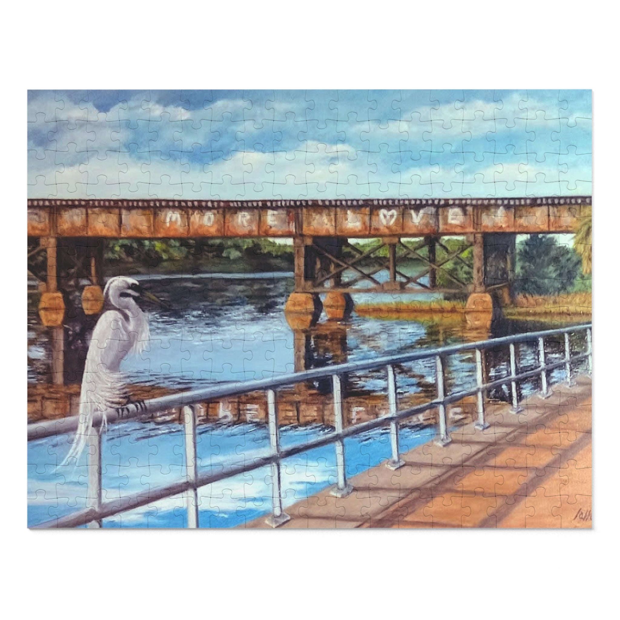 Painting of a heron on a dock with a bridge in the background