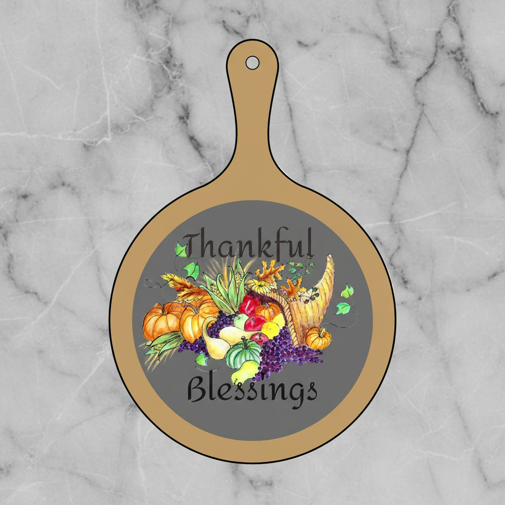 Decorative cutting board with Thanksgiving design and text on a orange background