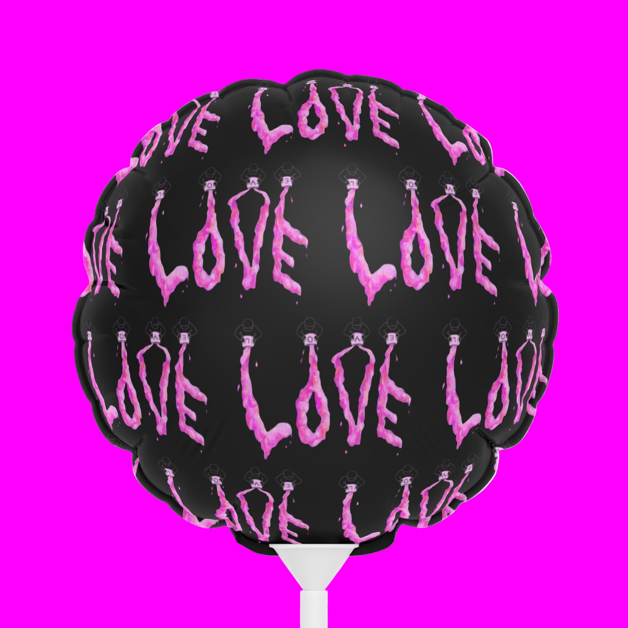 Black balloon with pink 'LOVE' text and bottle designs on a white background