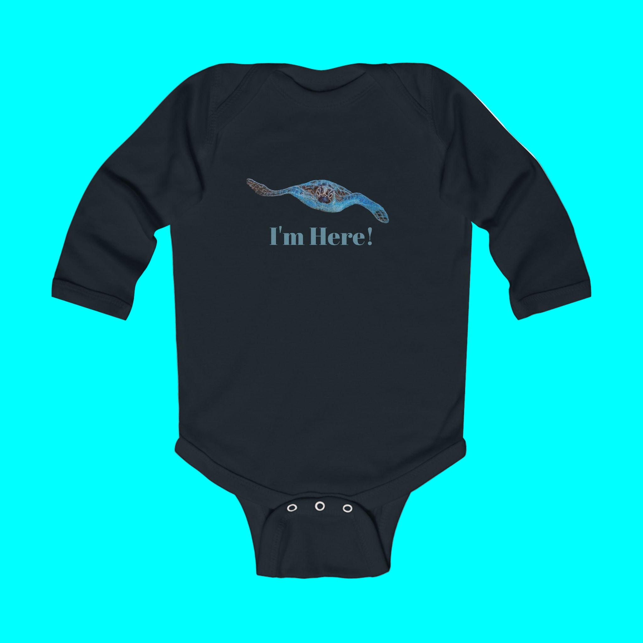 Black baby onesie with a graphic of a baby otter and 'I'm Here!' text on a white background