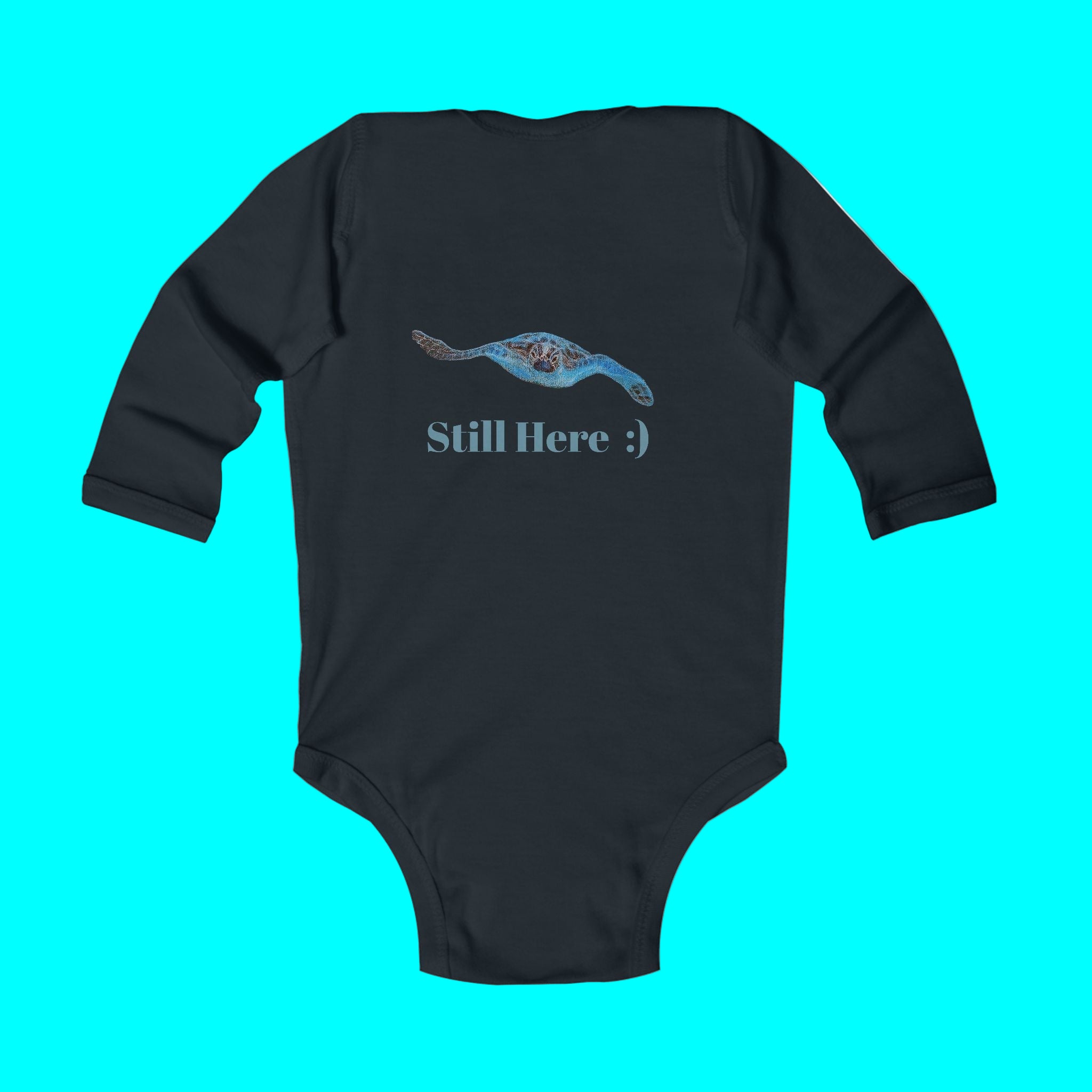 Black baby onesie with a graphic and text on a turquoise background